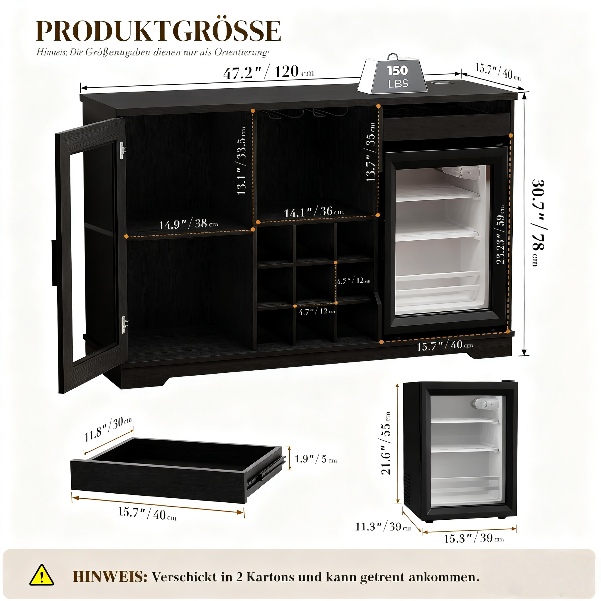 Schwarzer Schrank mit Glasfront und integriertem Kühlschrank, Maße angegeben.