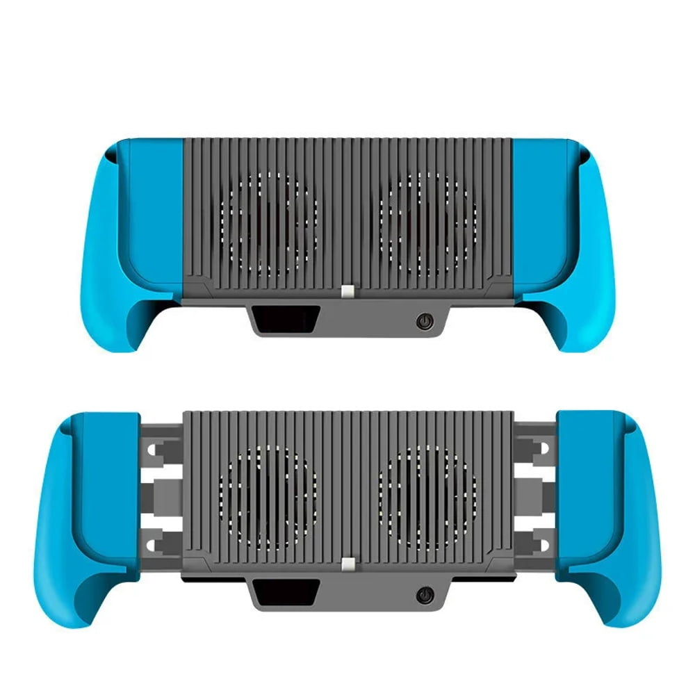 Zwei blaue und graue Gaming-Controller-Griffe mit Lüftern, von oben gezeigt.