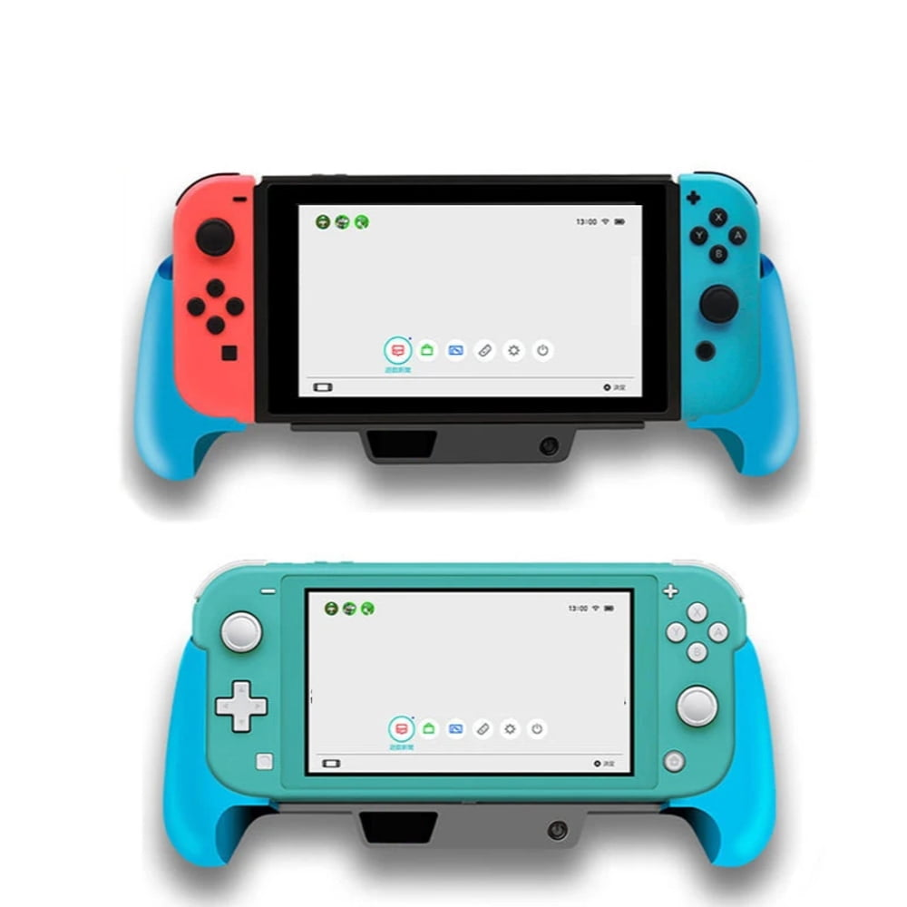 Oben ein Nintendo Switch, unten ein Nintendo Switch Lite, beide in Griffen.