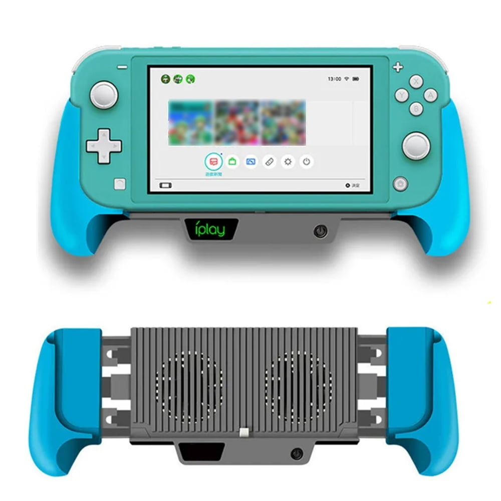 Ein türkisfarbener Handheld-Controller mit blauen Griffen und einem Bildschirm.
