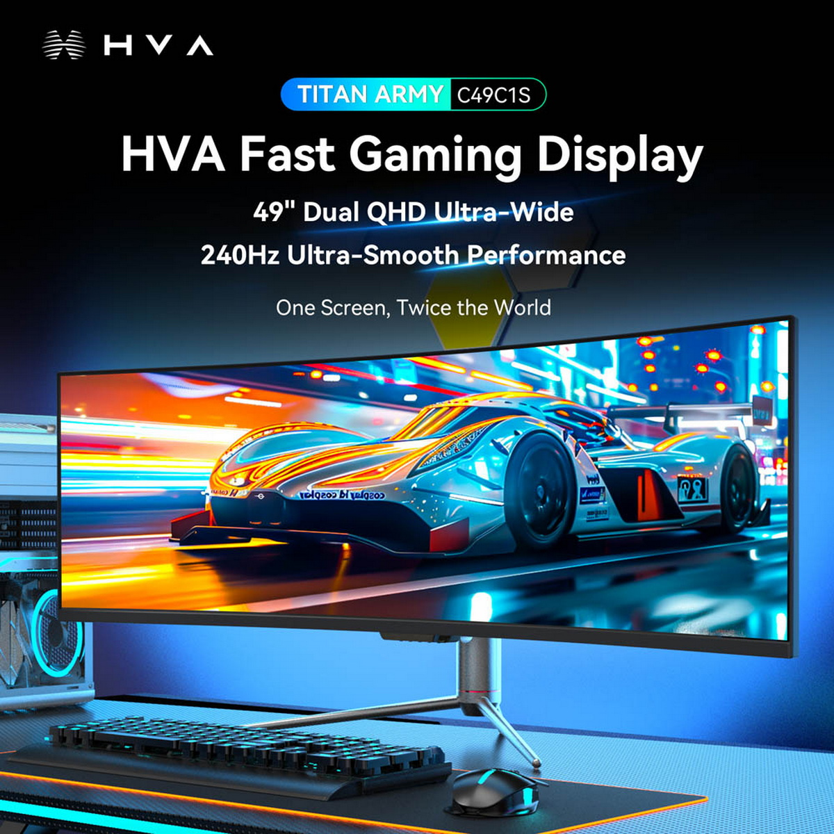 Ein großer Gaming-Monitor zeigt ein Rennauto auf einer Strecke. Tastatur und Maus liegen davor.