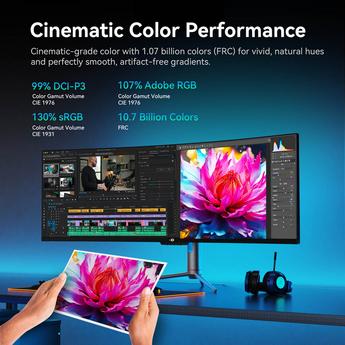 Ein Monitor zeigt eine Videobearbeitungssoftware und ein Blumenbild. Hände halten ein Foto.