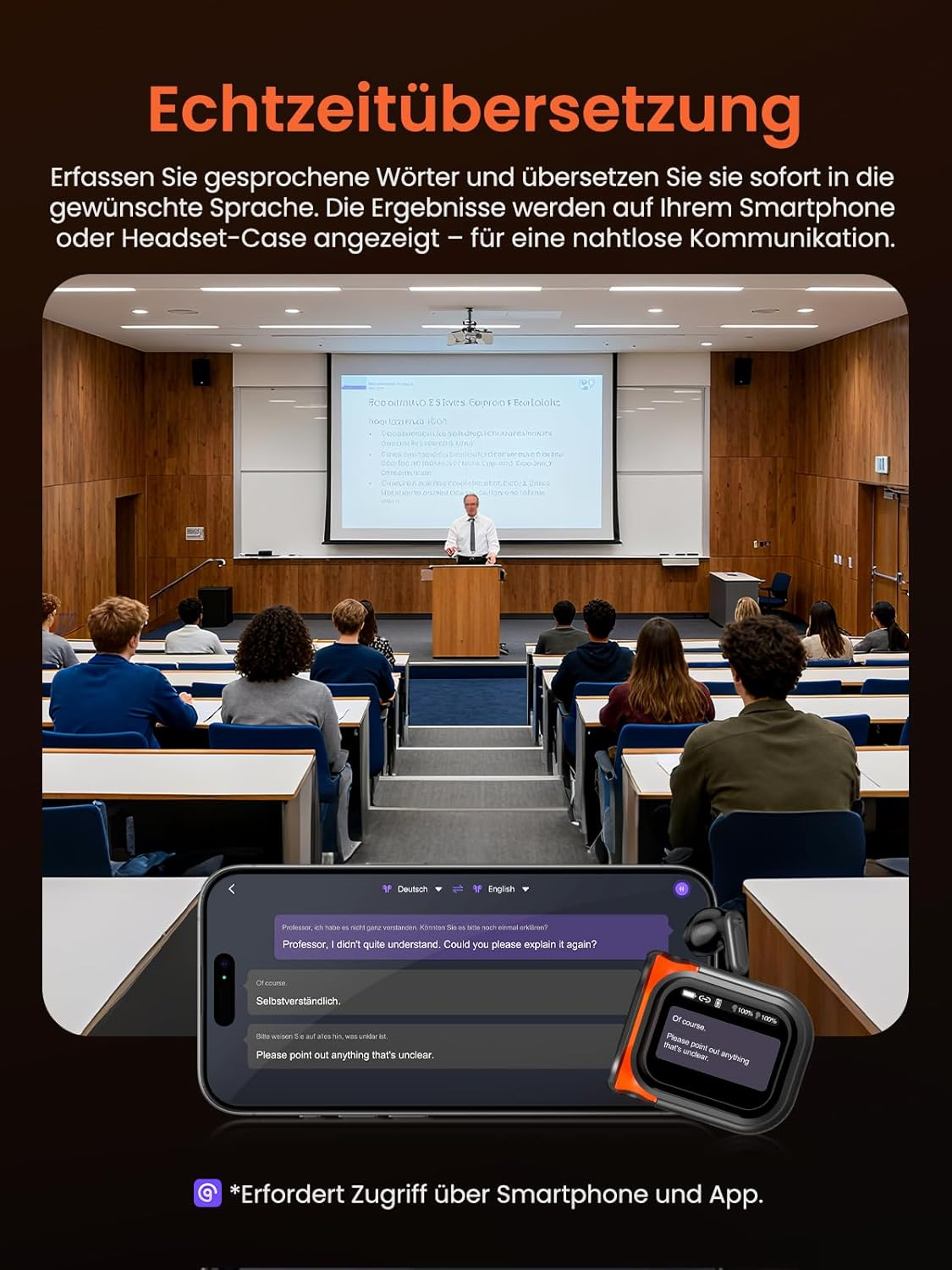Vorlesungssaal mit Dozent vor Projektor, Studenten sitzen an Tischen. Smartphone zeigt Übersetzung.