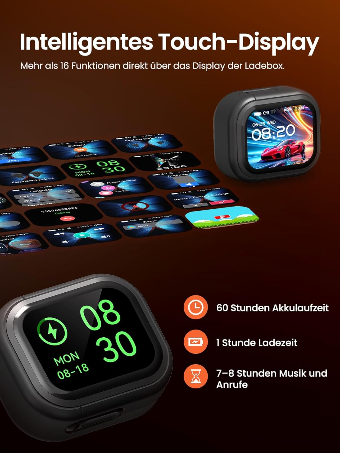 Intelligentes Touch-Display mit vielen Funktionen. Links eine Smartwatch, rechts eine Ladebox mit Display.