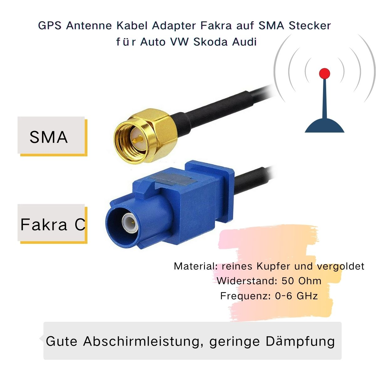 Fakra auf SMA Kabeladapter für GPS-Antennen, aus Kupfer, vergoldet.
