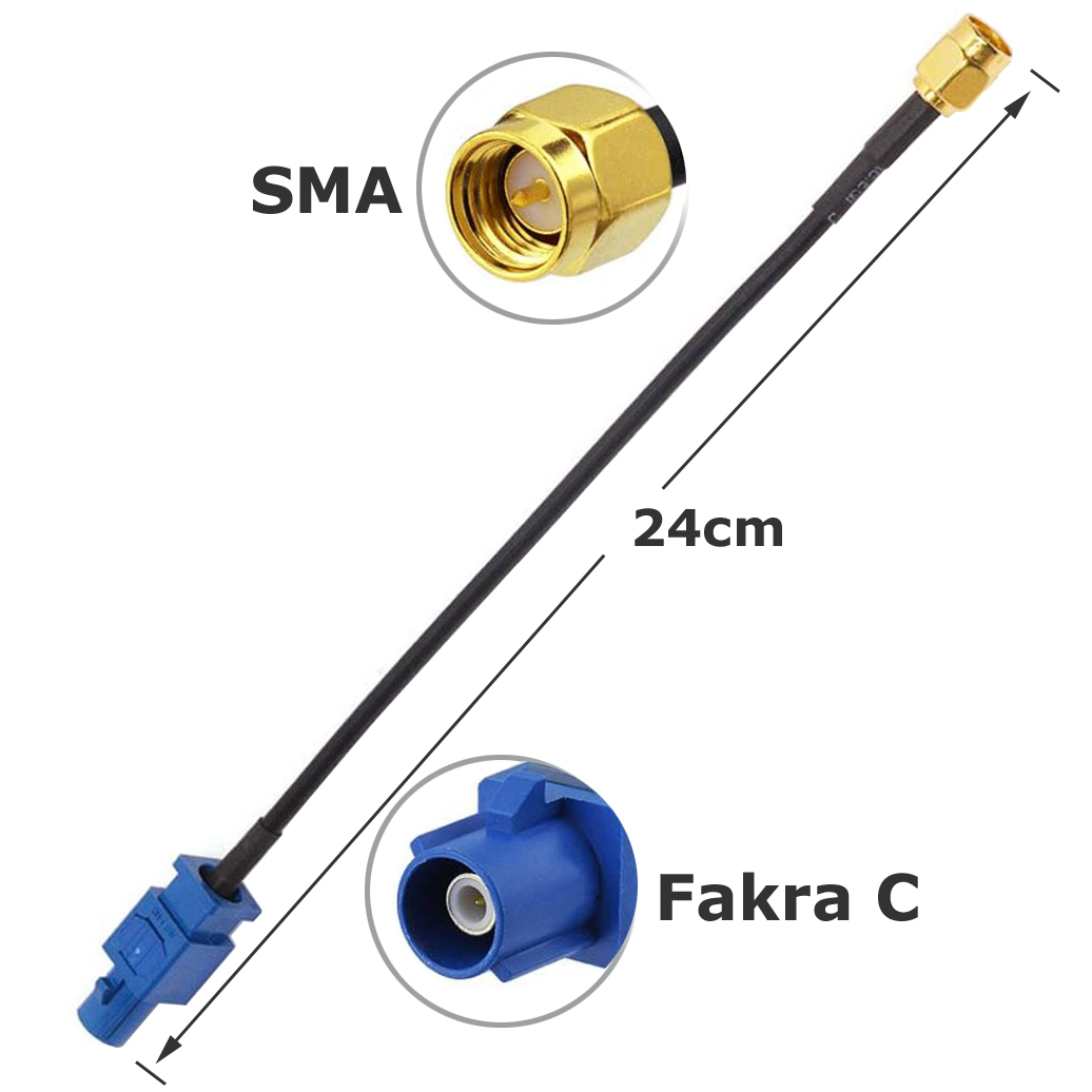 24cm Kabel mit SMA-Stecker und Fakra C-Anschluss, weißer Hintergrund.
