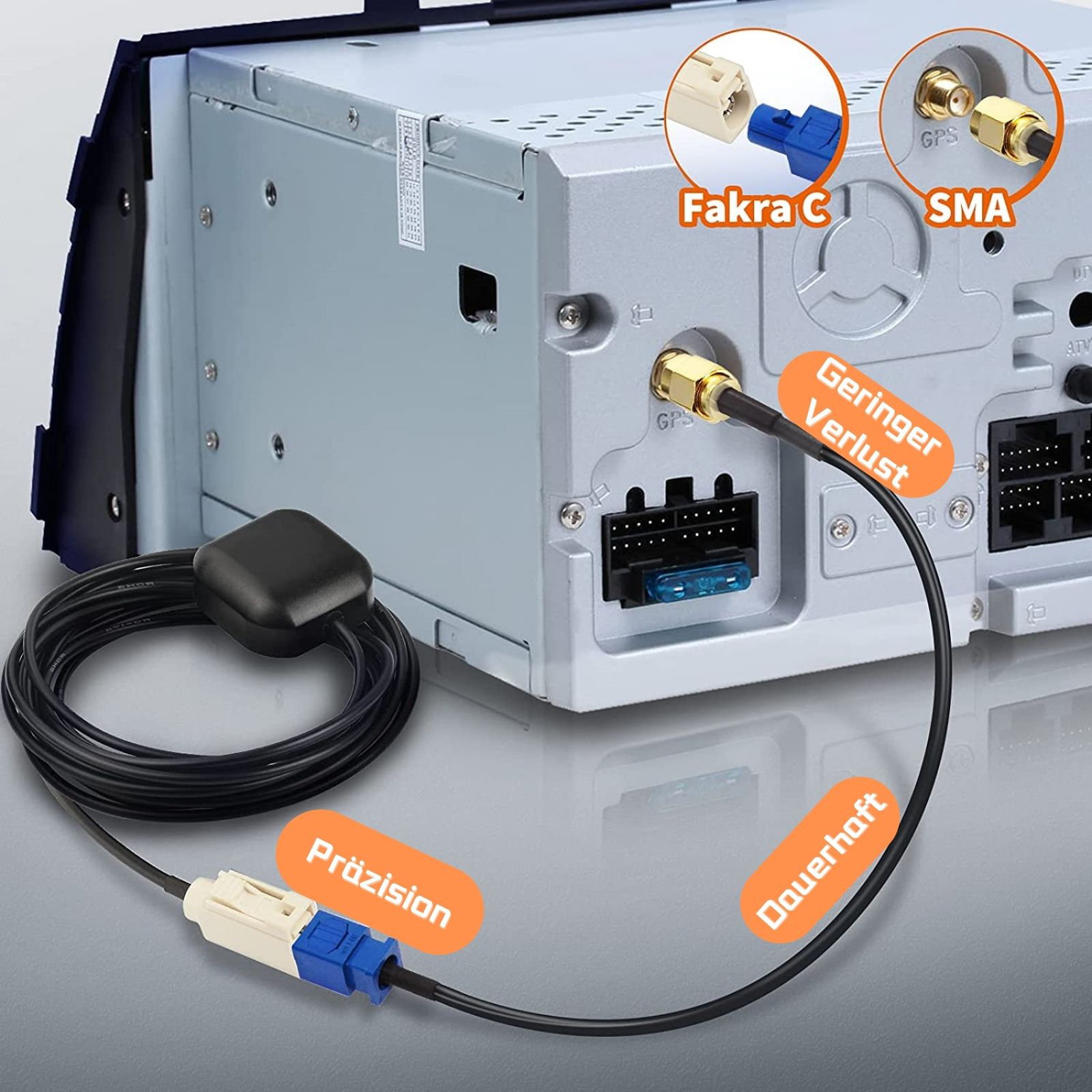 Rückseite eines Autoradios mit GPS-Antenne, SMA- und Fakra-Anschlüssen.