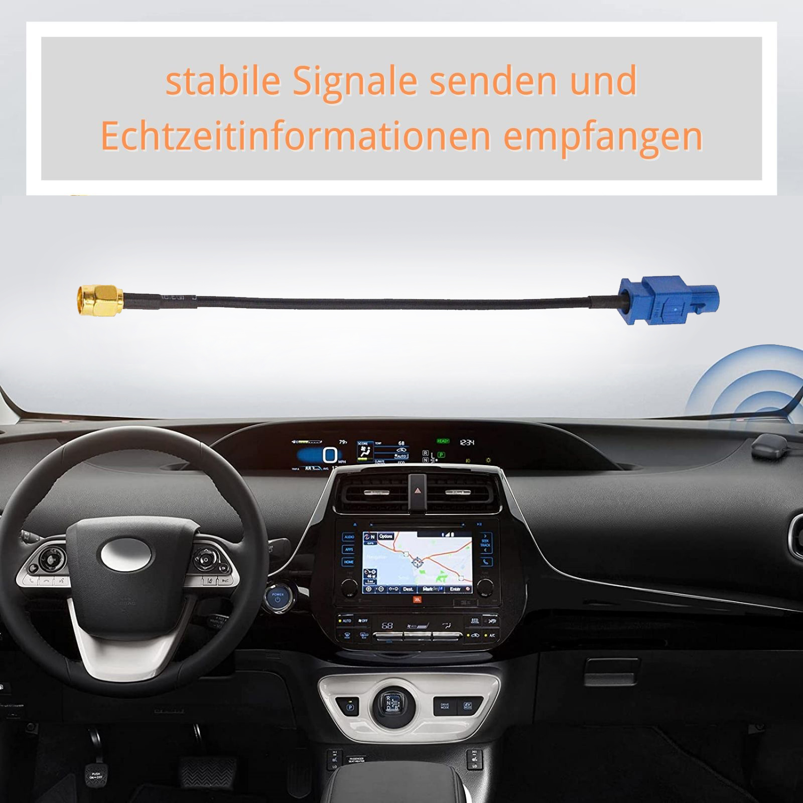 Antennenkabel mit Goldstecker und blauem Stecker im Auto-Cockpit.