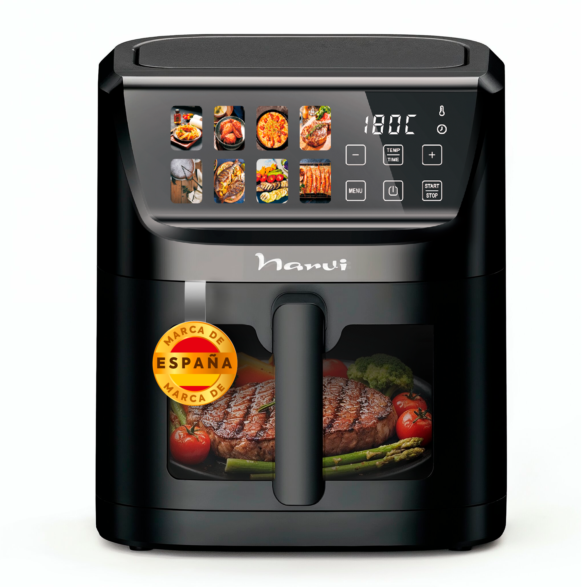 Freidora de aire negra con imágenes de comida y pantalla digital de 180°C.