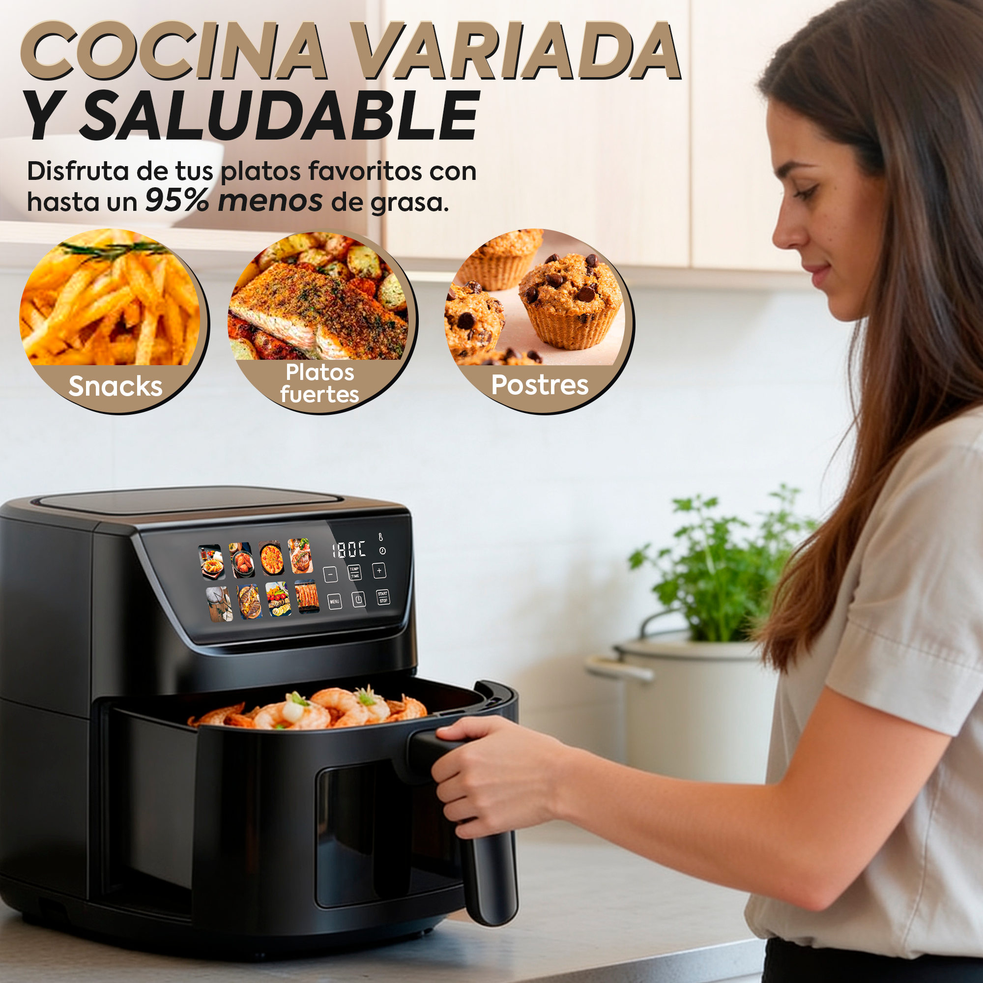 Una mujer sostiene una freidora de aire con camarones. Se muestran imágenes de snacks, platos principales y postres.