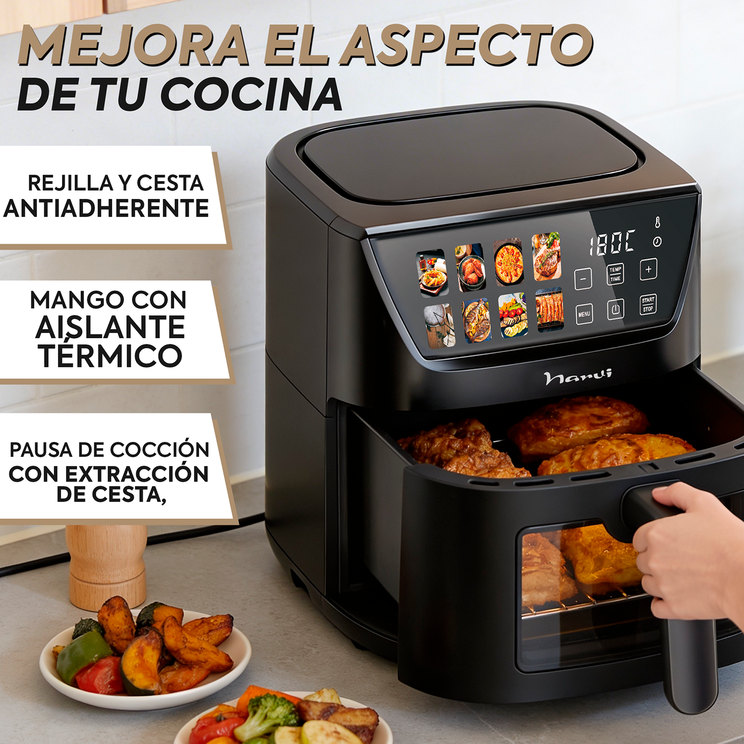 Freidora de aire negra con programas de cocción y comida frita en la cesta.