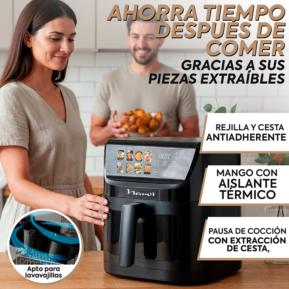 Un hombre y una mujer en una cocina con una freidora de aire en primer plano.