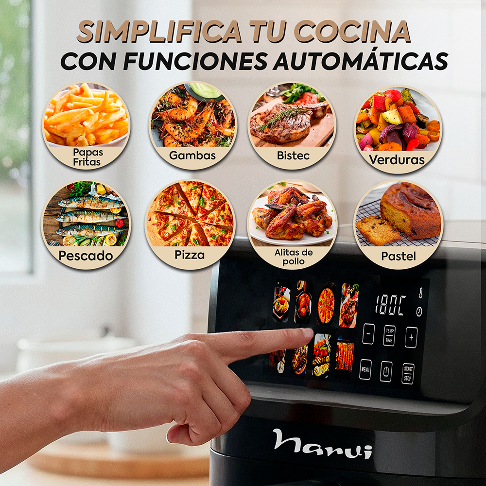 Imágenes de papas fritas, gambas, bistec, verduras, pescado, pizza, pollo y pastel.