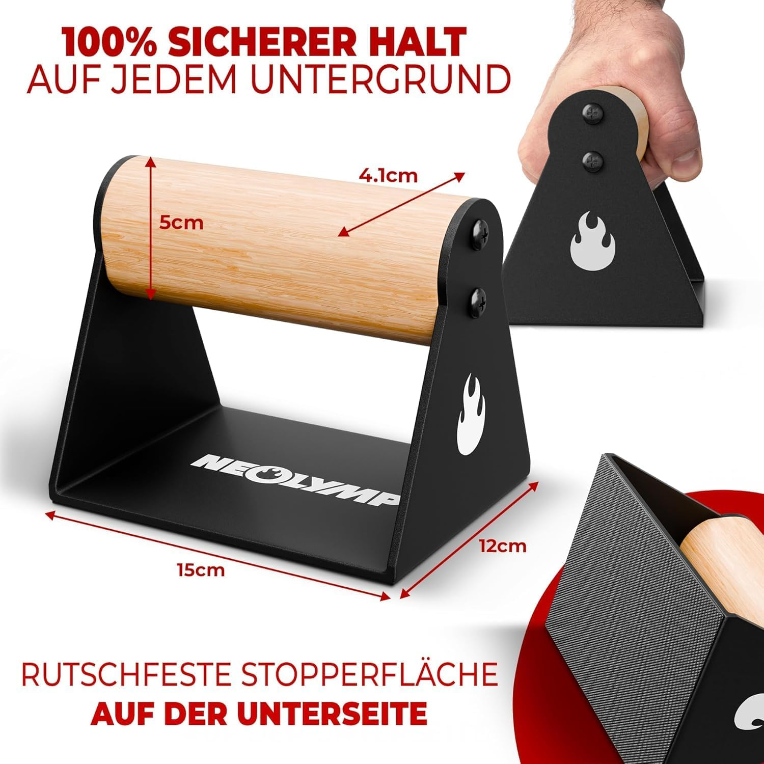Ein Paar schwarze Dip-Barren mit Holzgriff und Maßangaben.