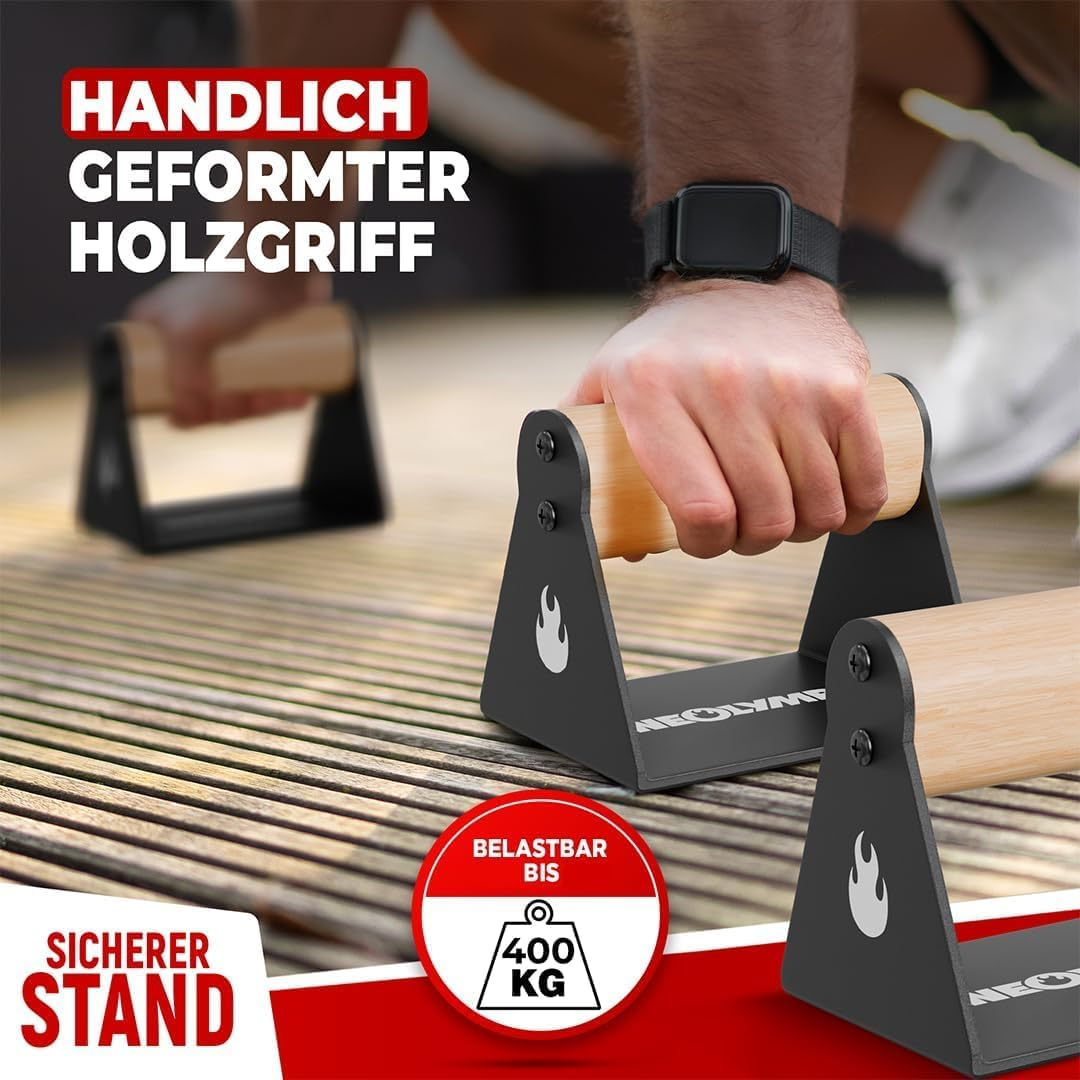 Handliche Holzgriffe für Liegestütze, belastbar bis 400 kg.