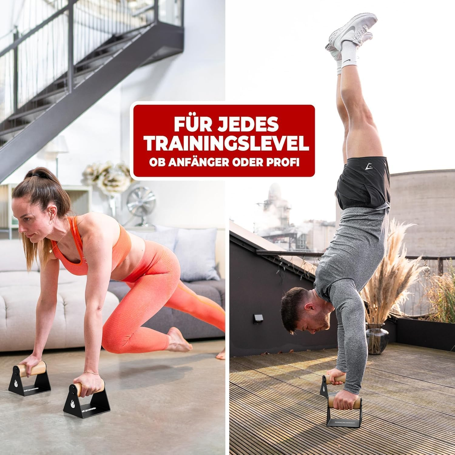 Mann macht Handstand, Frau macht Liegestütz mit Griffen. Text über Trainingslevel.