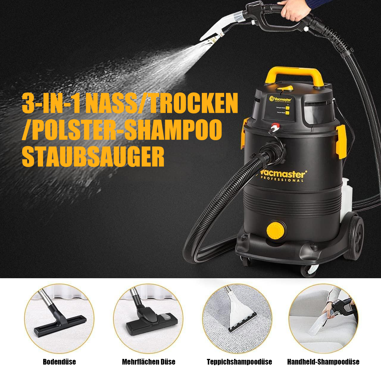 Ein Vacmaster 3-in-1 Nass-/Trocken-/Polster-Shampoo-Staubsauger mit Zubehör.