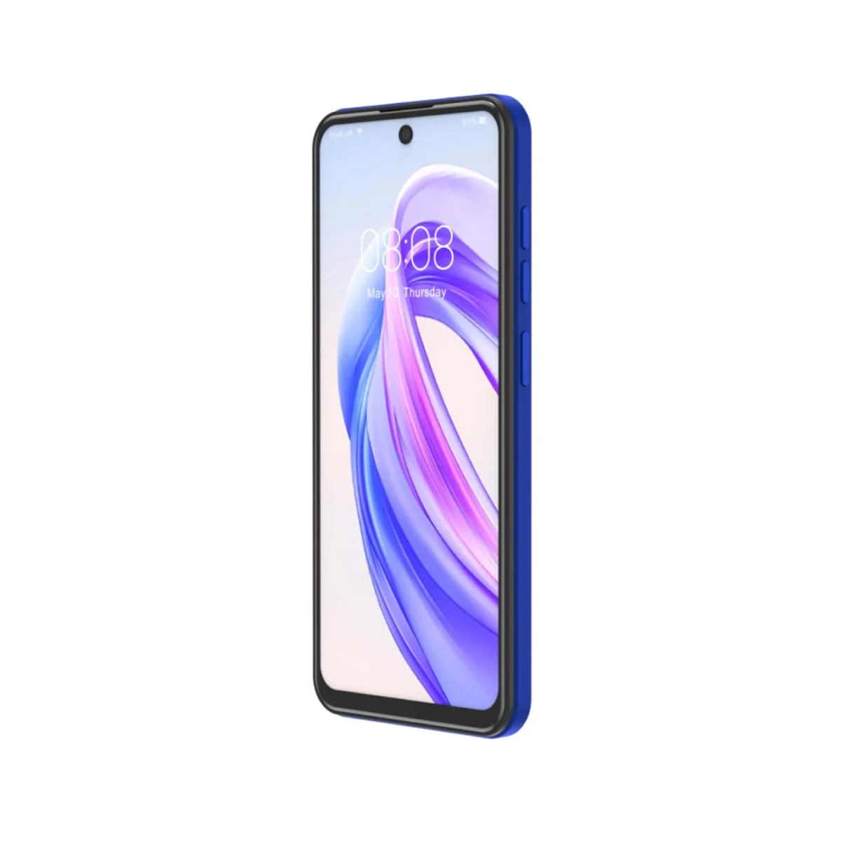 Uno smartphone blu che visualizza uno sfondo colorato sul suo schermo.