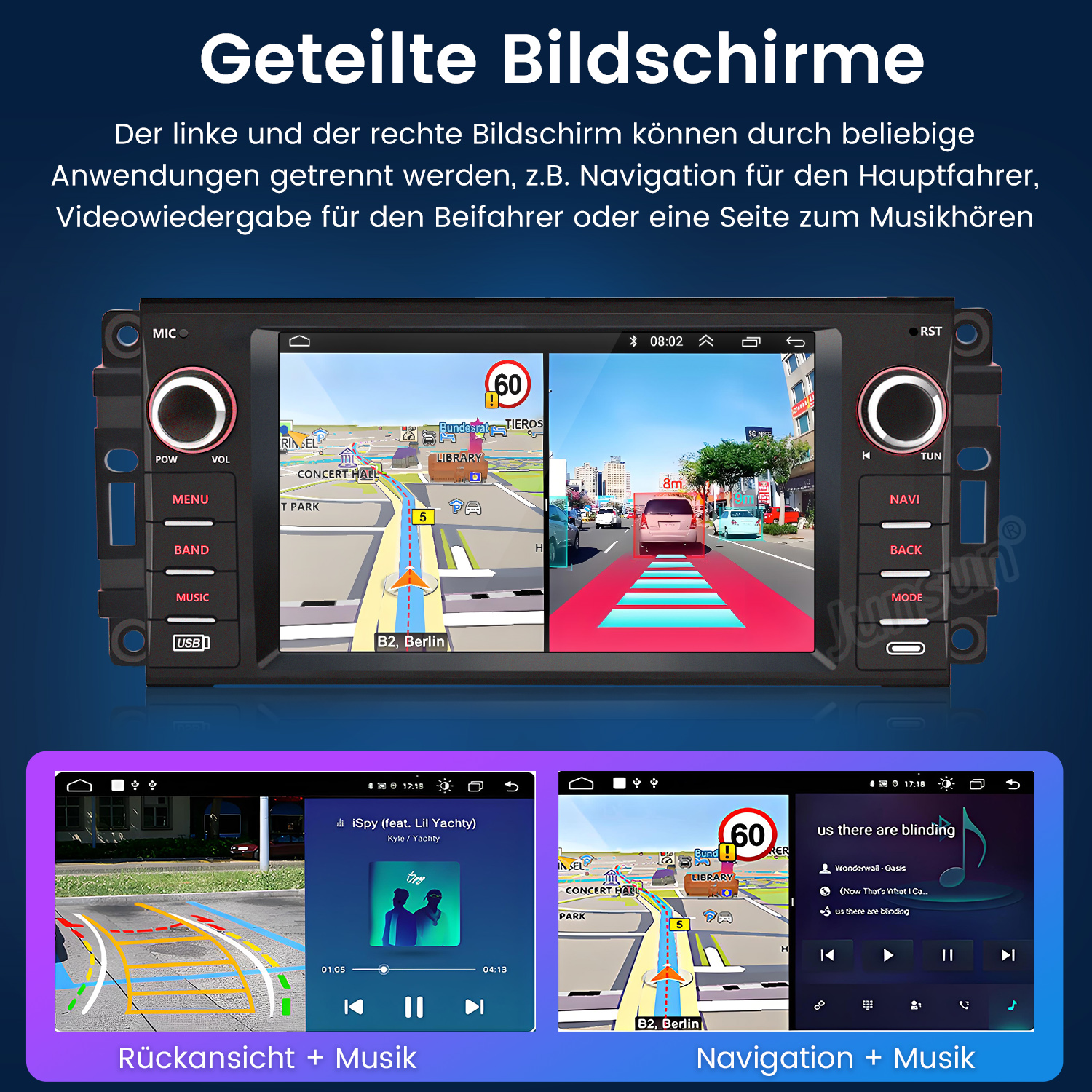 Ein Autoradio mit geteiltem Bildschirm zeigt Navigation, Rückfahrkamera und Musik.
