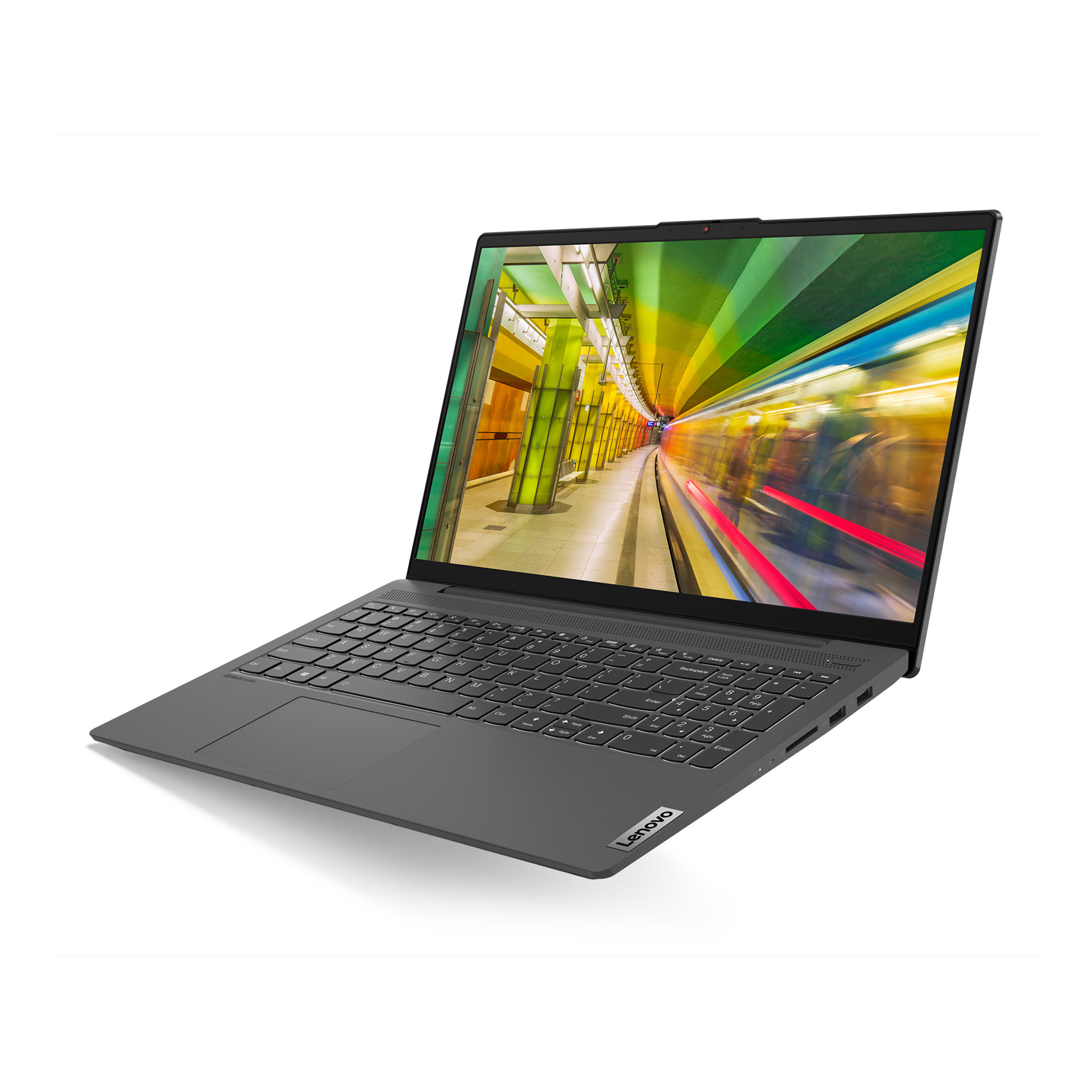 Ein graues Lenovo-Laptop mit einem farbenfrohen U-Bahn-Motiv auf dem Bildschirm.