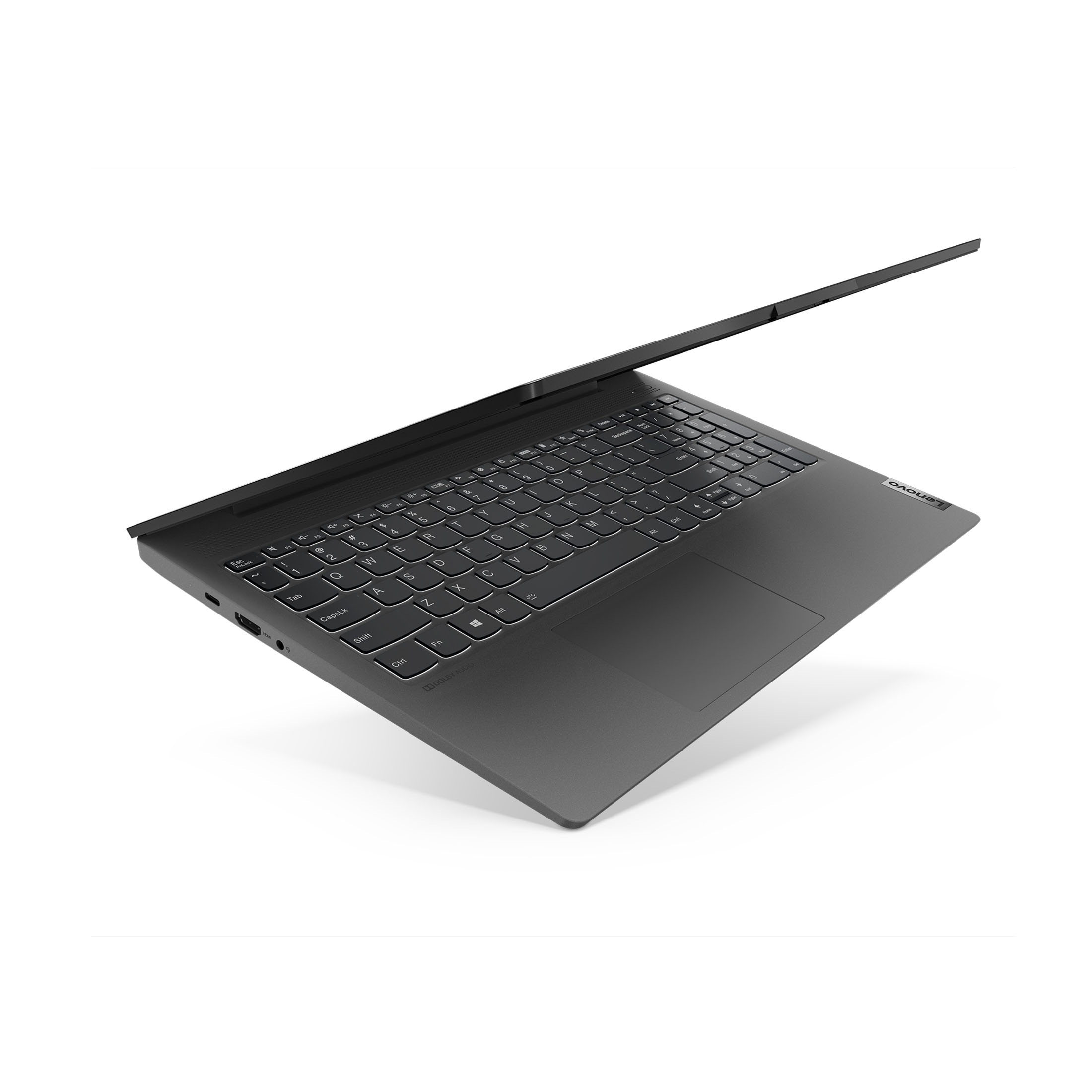 Dunkelgraues Lenovo Laptop mit geöffnetem Bildschirm und Tastatur.
