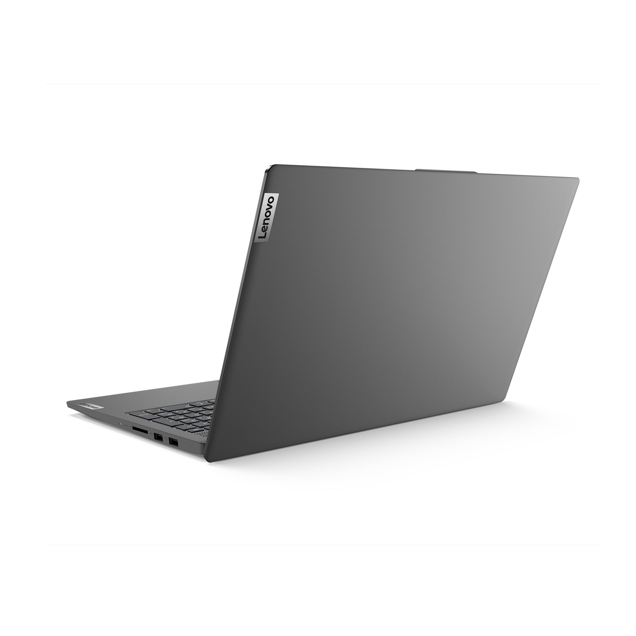 Grauer Lenovo Laptop, von hinten links gezeigt, mit Tastatur sichtbar.