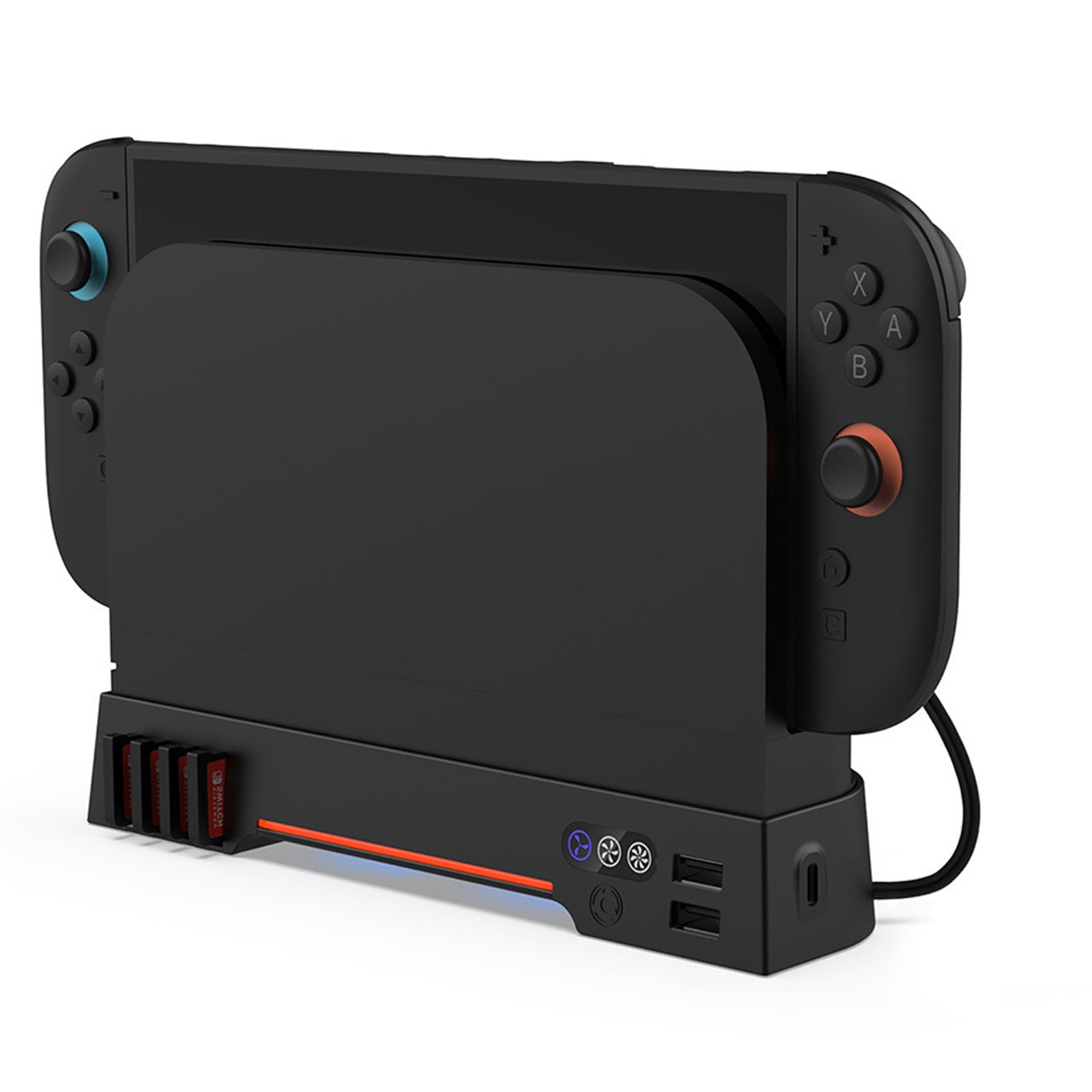 Schwarzer Gaming-Konsolen-Dock mit angeschlossenen Controllern, Spielkassetten, USB-Anschlüssen und Lüftersymbolen.