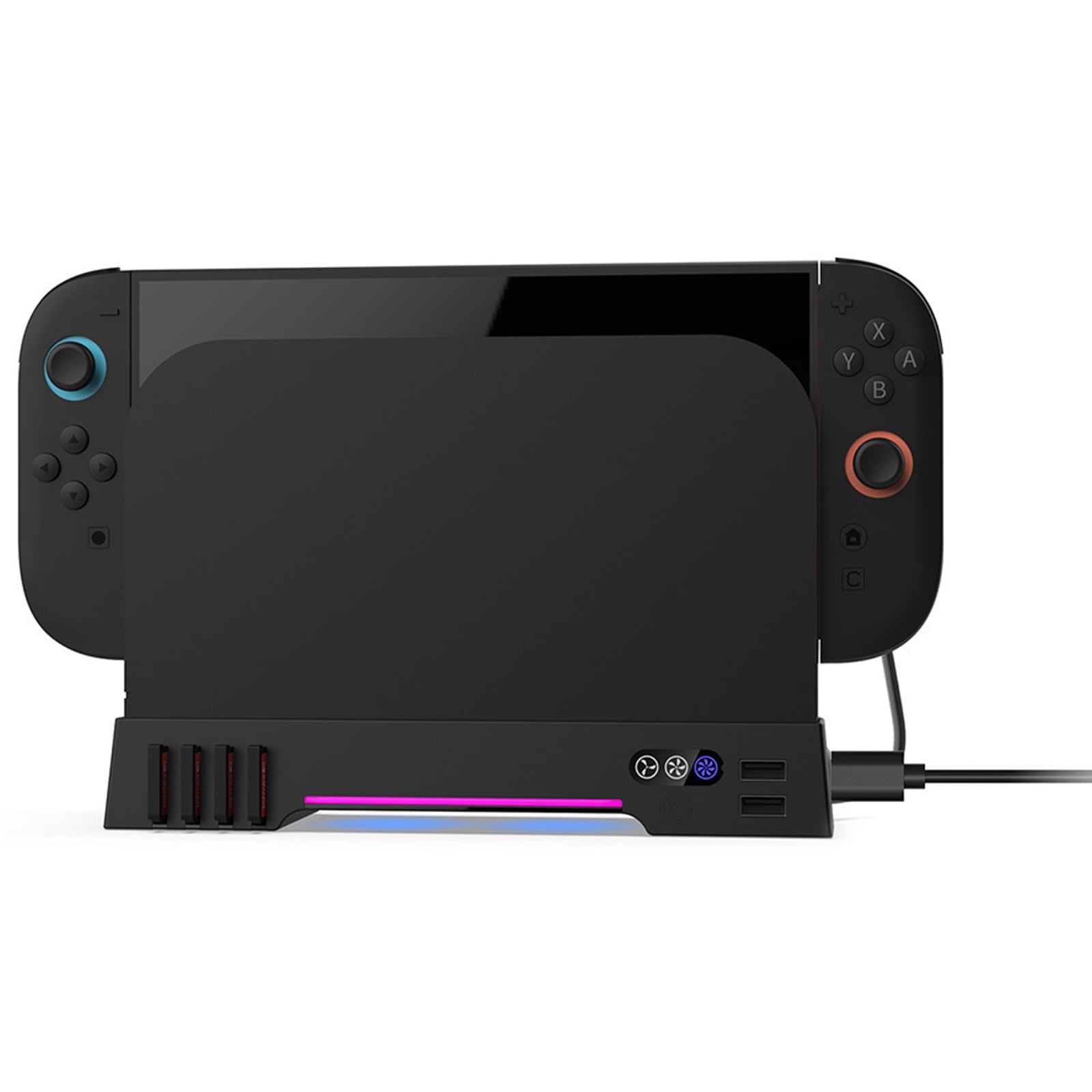 Schwarzes Gaming-Dock mit einem Handheld-Konsolen-Controller und Ladeanschluss.