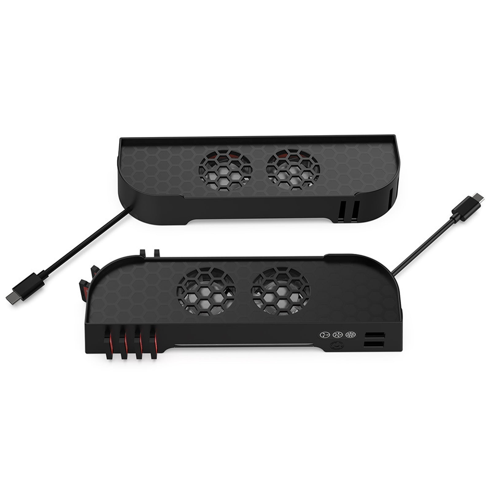 Zwei schwarze Spielekonsolen-Lüfter mit USB-C-Kabeln auf weißem Hintergrund.