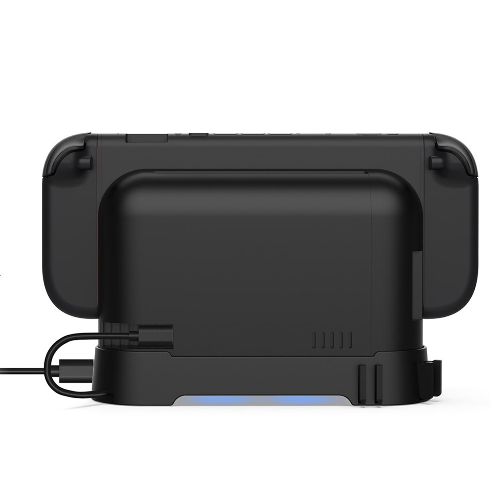 Schwarzes Ladegerät mit angeschlossenem USB-Kabel und blauer Ladeanzeige.