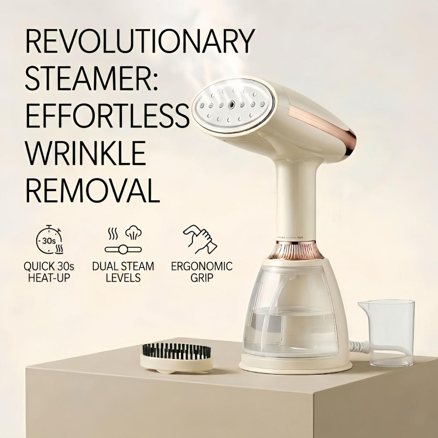 Eine cremefarbene Handheld-Dampfbürste mit Wassertank, Bürste und Messbecher. Merkmale: Schnelles Aufheizen, doppelter Dampf, ergonomischer Griff.