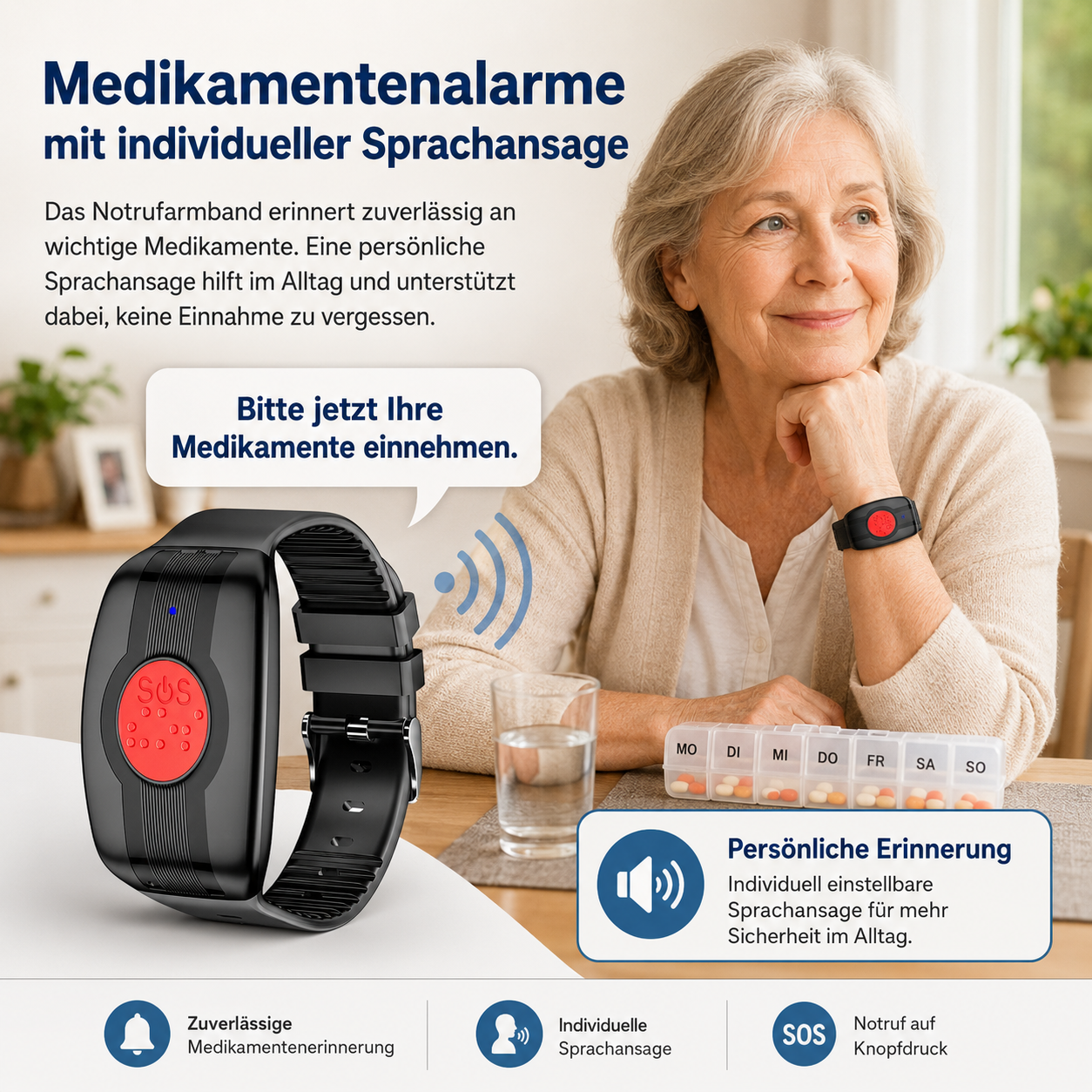 Ältere Frau mit Medikamentenarmband und Pillendose. Alarm erinnert an Medikamente.