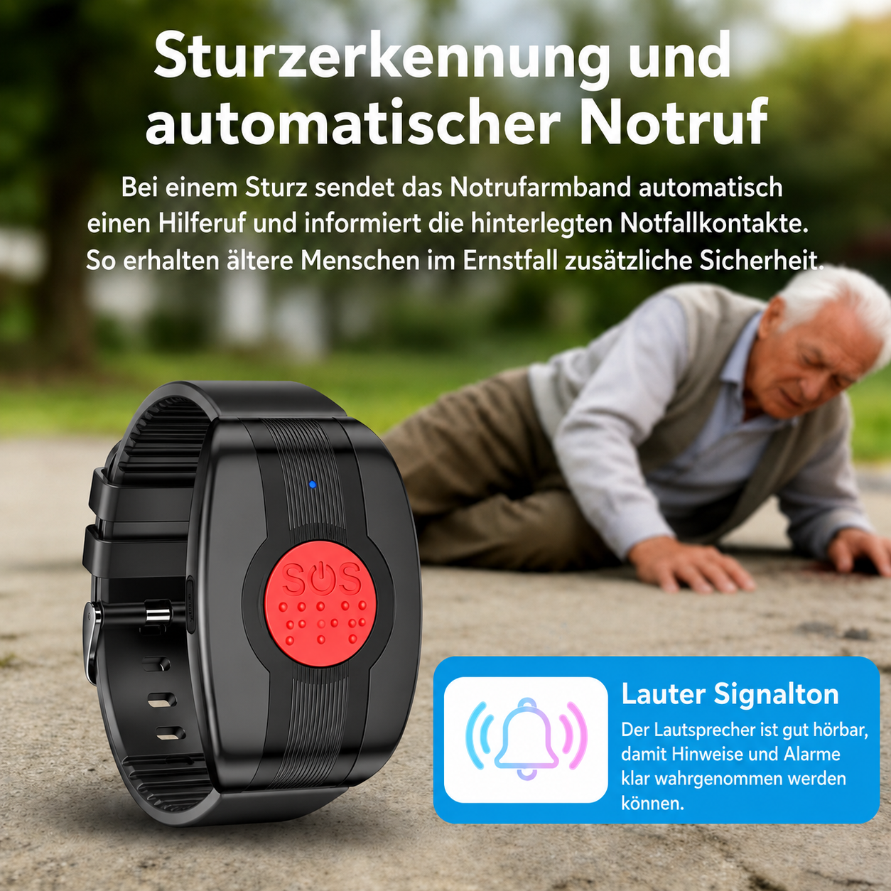 Notruf-Armband mit Sturzerkennung für Senioren, zeigt Mann am Boden.