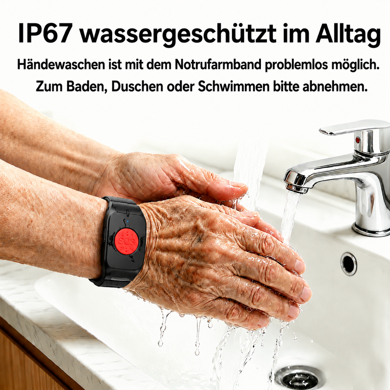 Hände waschen mit Notrufarmband, das IP67 wassergeschützt ist.