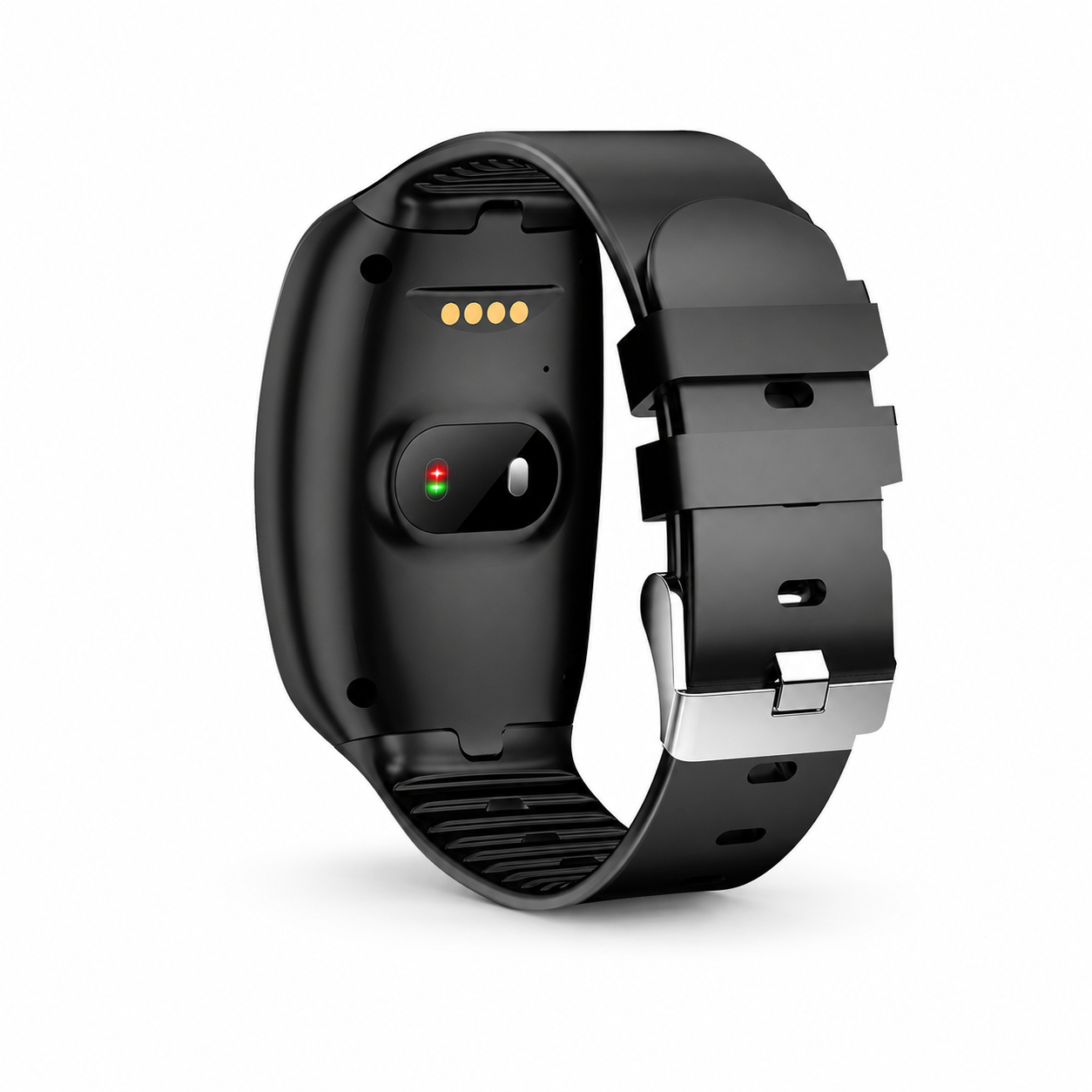 Schwarzes Smartwatch-Armband mit Ladekontakten und Herzfrequenzsensor auf der Rückseite.
