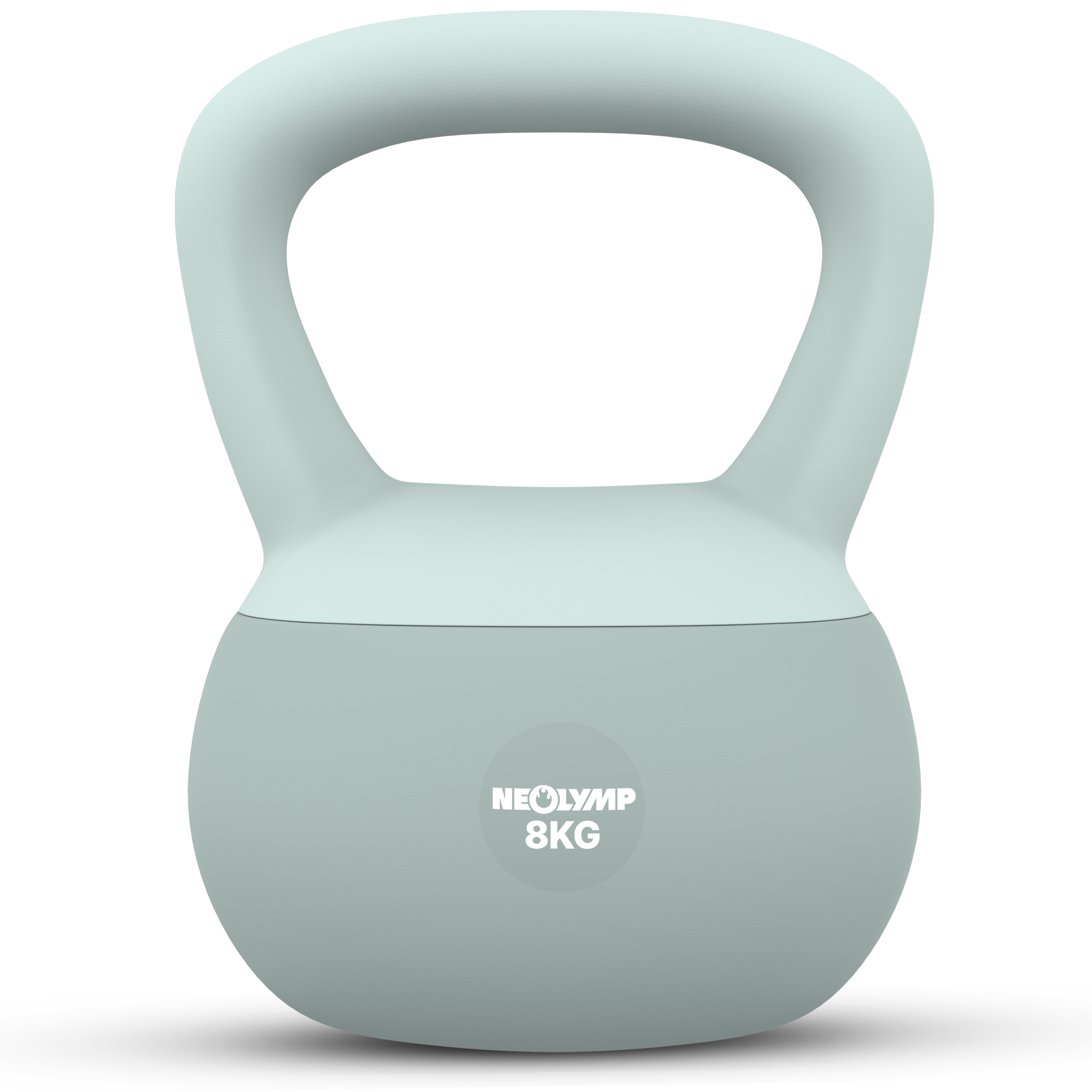 Ein zweifarbiger Kettlebell in Hellgrün und Grau, 8 kg.