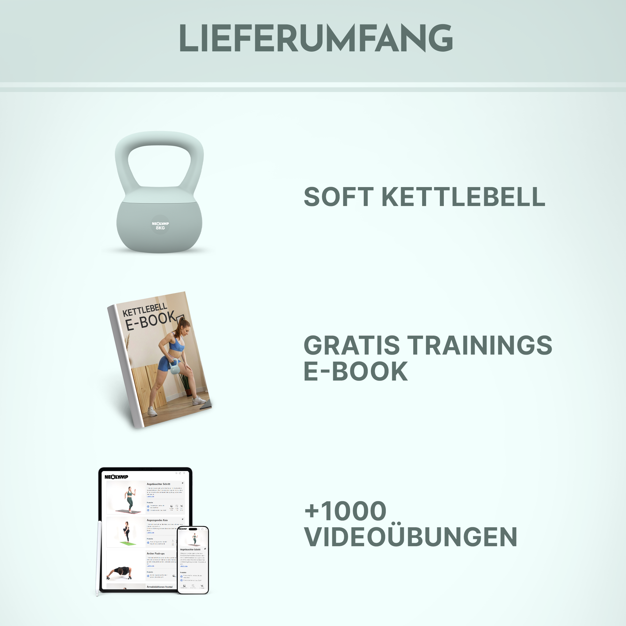 Lieferumfang: Soft Kettlebell, E-Book, über 1000 Videoübungen.