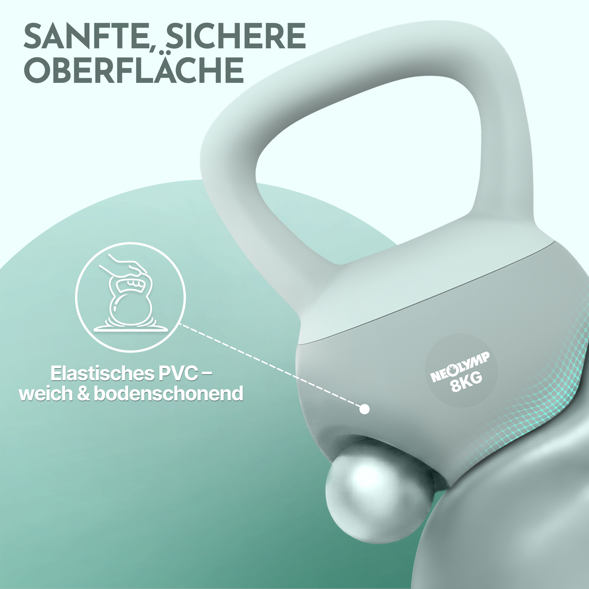 Sanfte, sichere Oberfläche. Elastisches PVC - weich & bodenschonend. Neolymp 8kg Kettlebell.