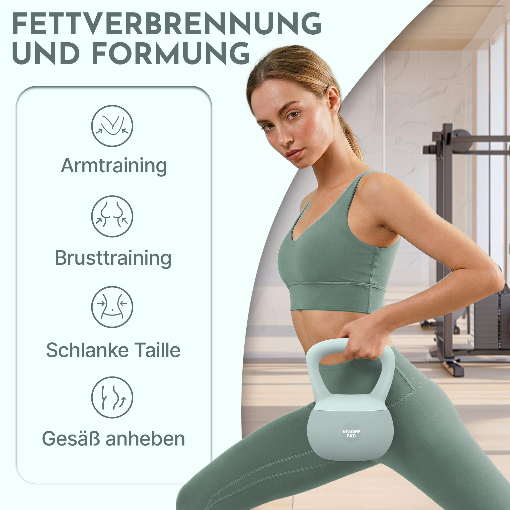 Frau im Fitnessstudio mit Kettlebell, Fokus auf Arm-, Brust-, Taillen- und Gesäßtraining.