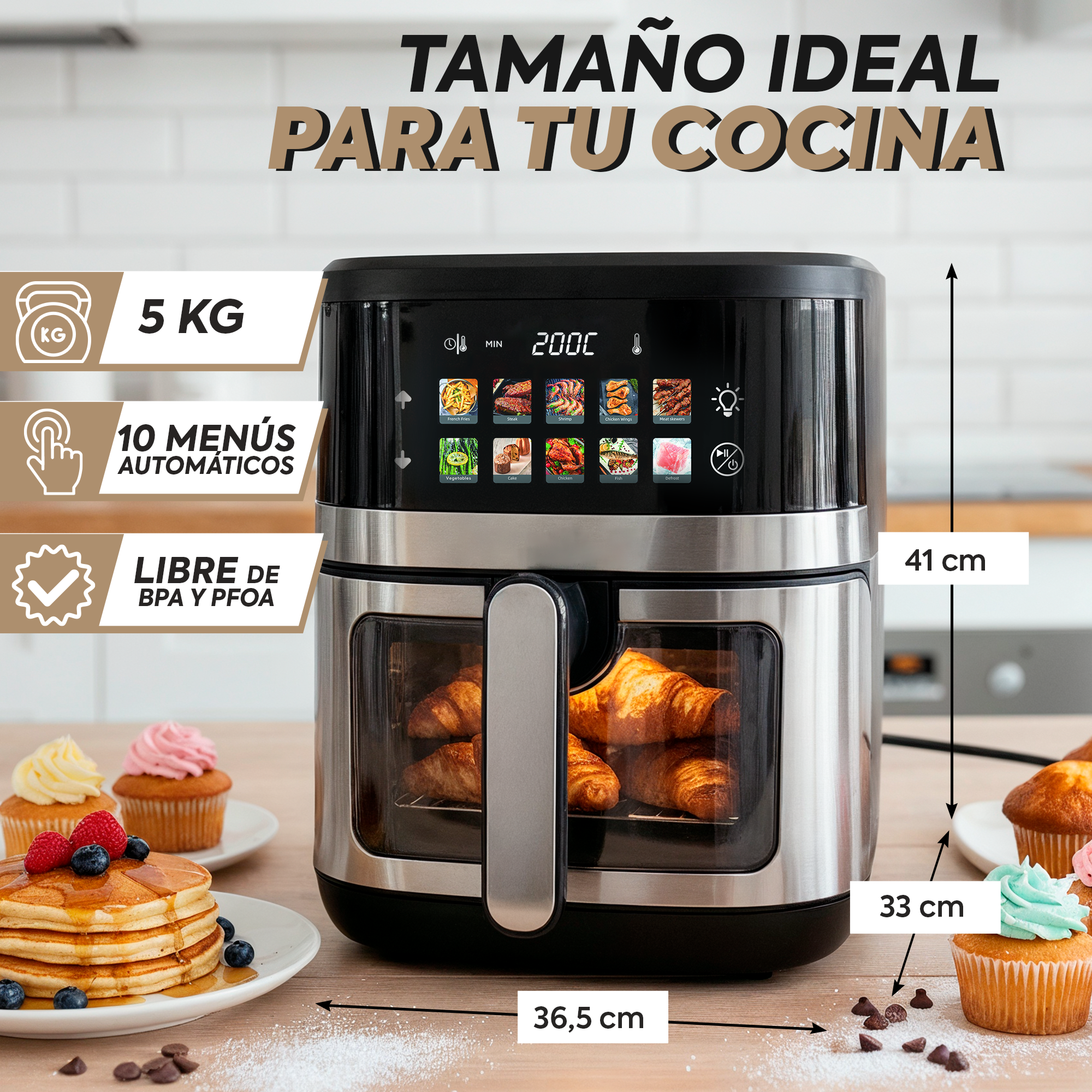 Freidora de aire 5kg, 10 menús, libre de BPA/PFOA. Croissants cocidos dentro.