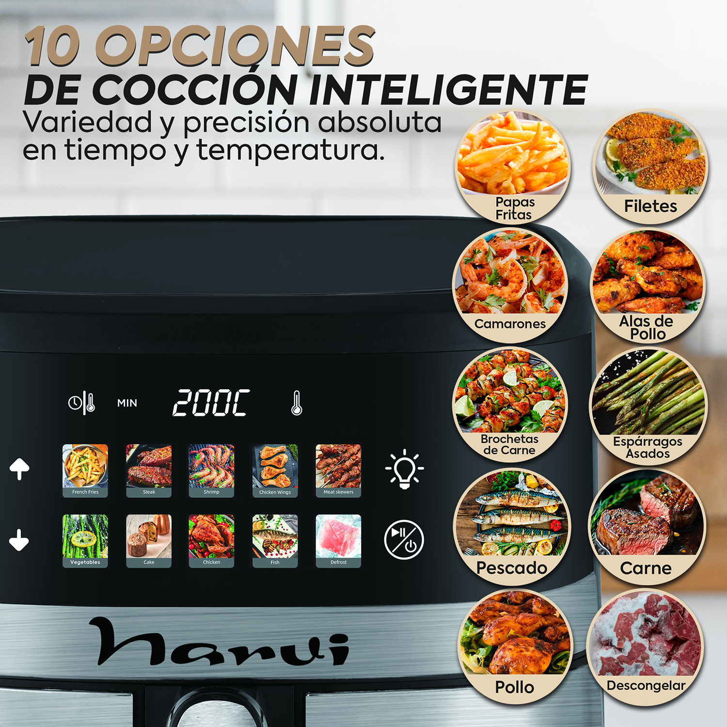 Pantalla de un electrodoméstico inteligente con 10 opciones de cocción e imágenes de alimentos.