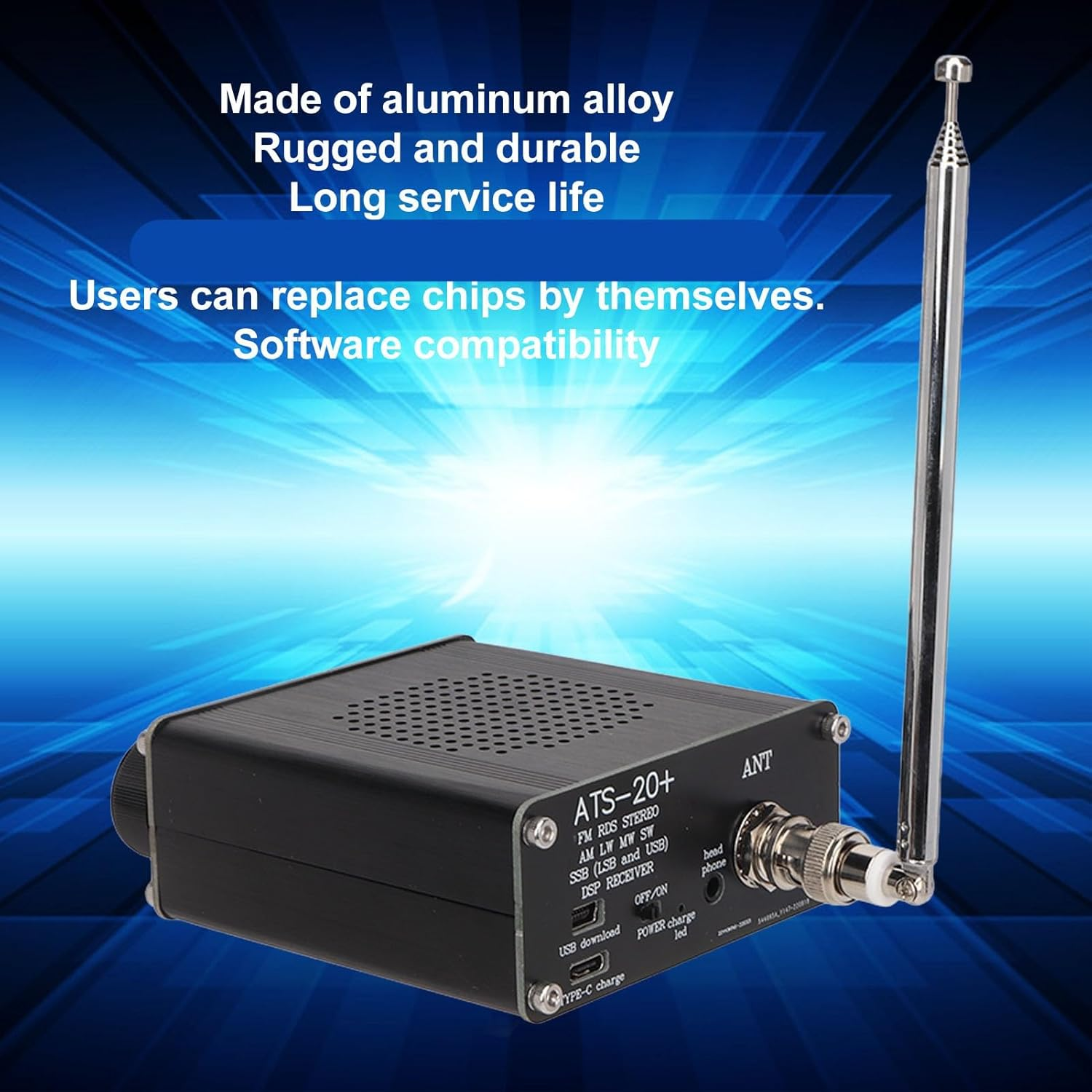 Ein schwarzer DSP-Empfänger mit Teleskopantenne und Beschriftungen wie ATS-20+.