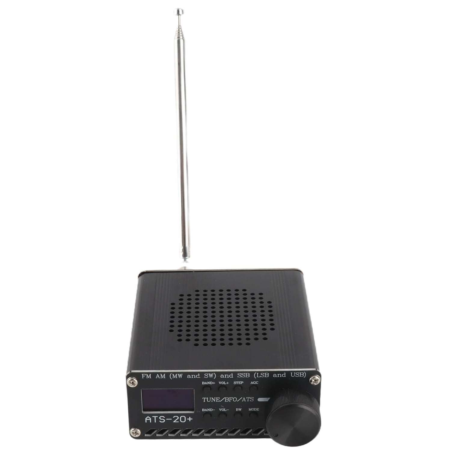 Ein schwarzer Radioempfänger mit ausgefahrener Antenne und Bedienelementen.
