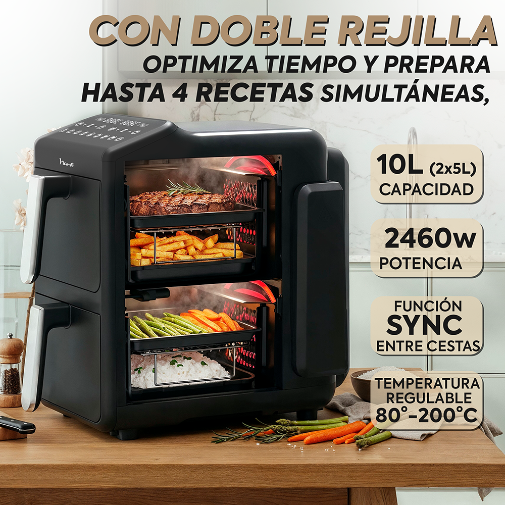 Freidora de aire negra de doble cesta con comida: filete, patatas, judías verdes, arroz.