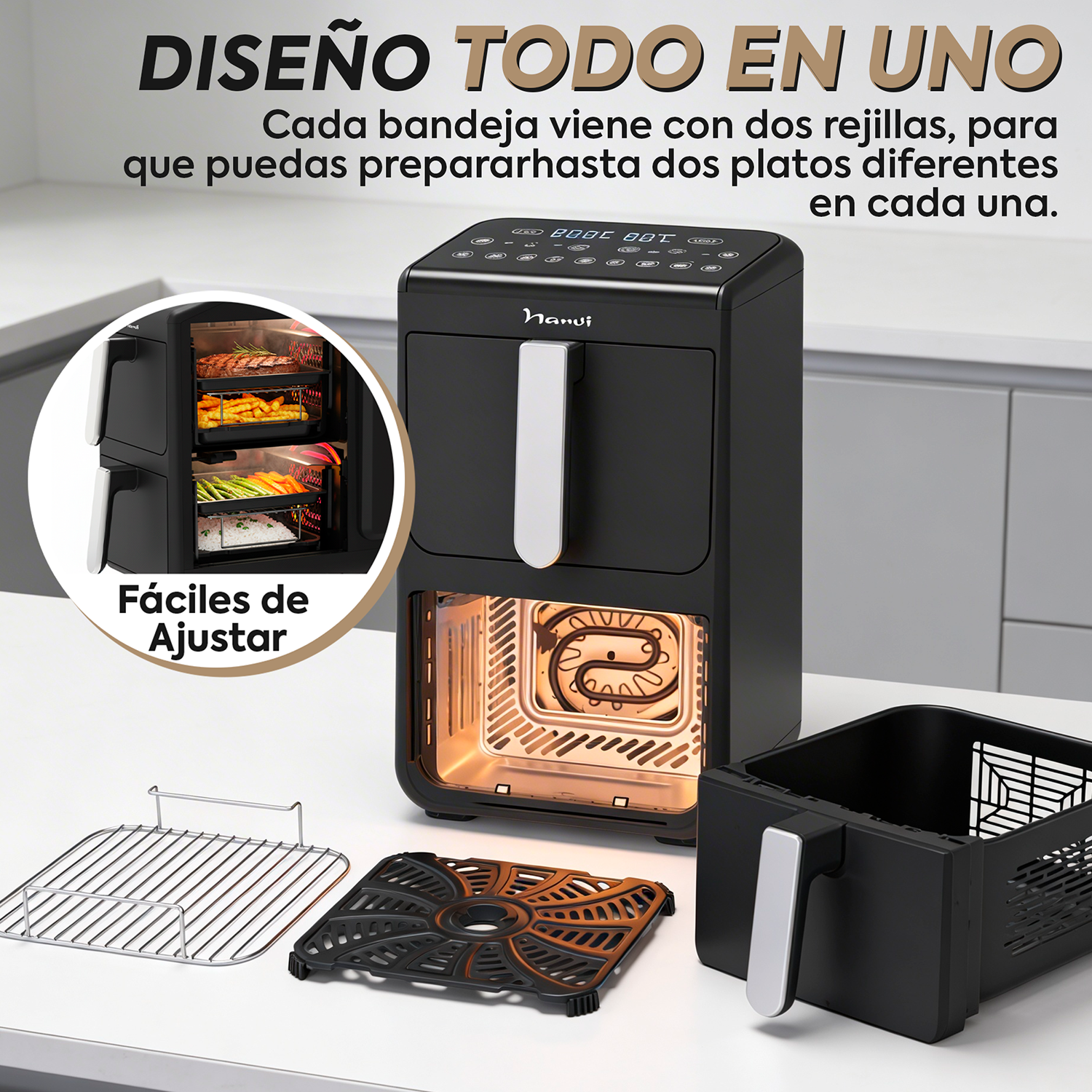 Un horno freidora de aire negro con accesorios en una encimera.
