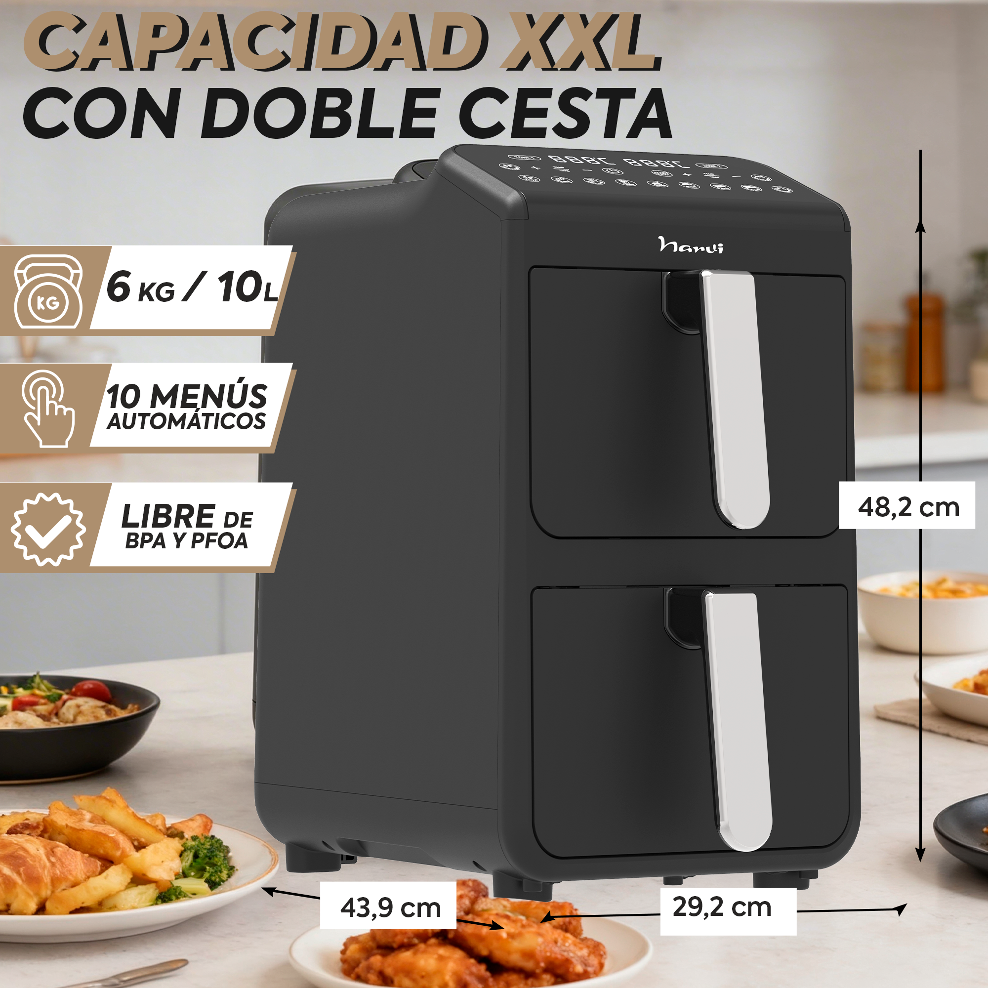 Freidora de aire negra de doble cesta con pantalla digital y alimentos.