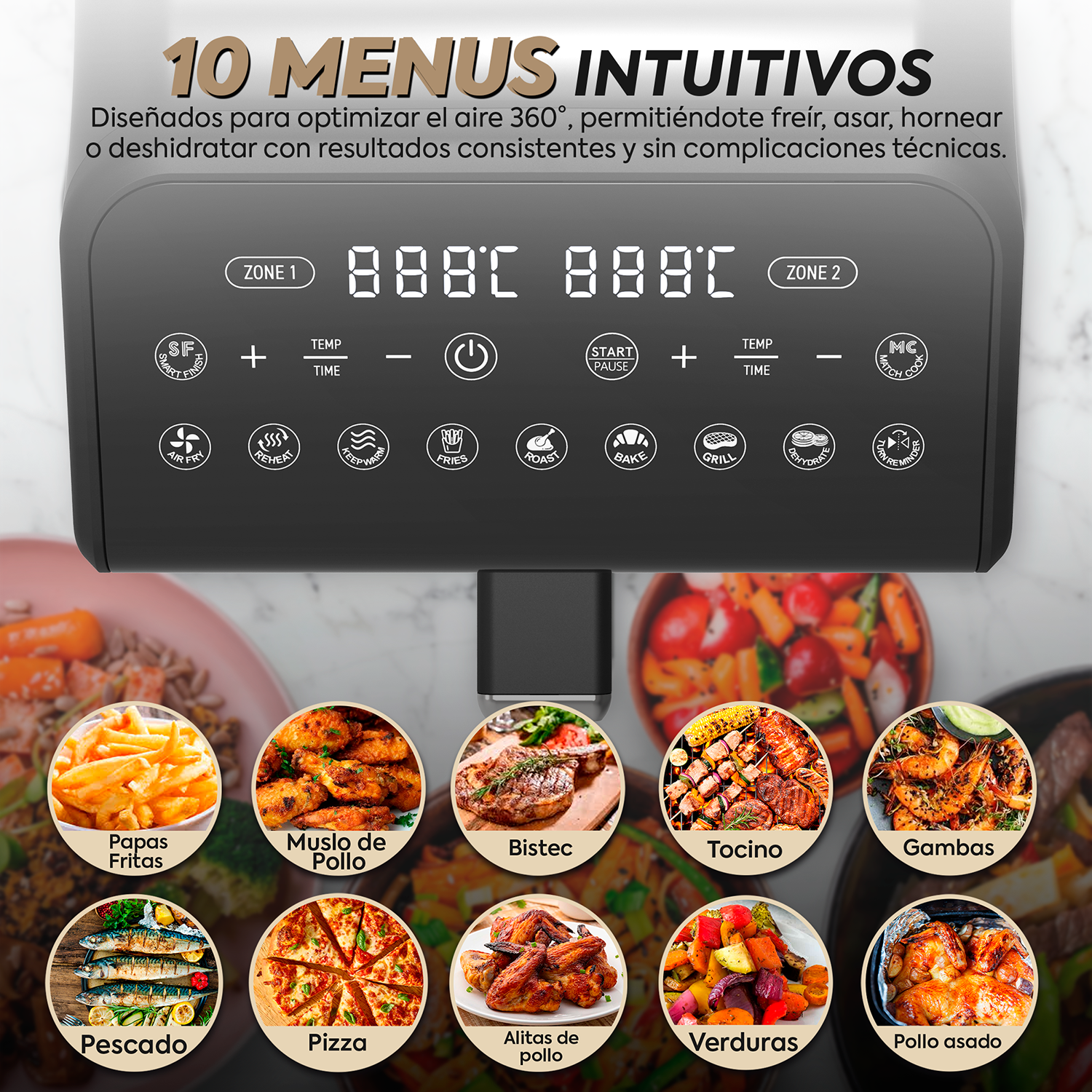 Panel de control digital de freidora de aire con 10 menús e imágenes.