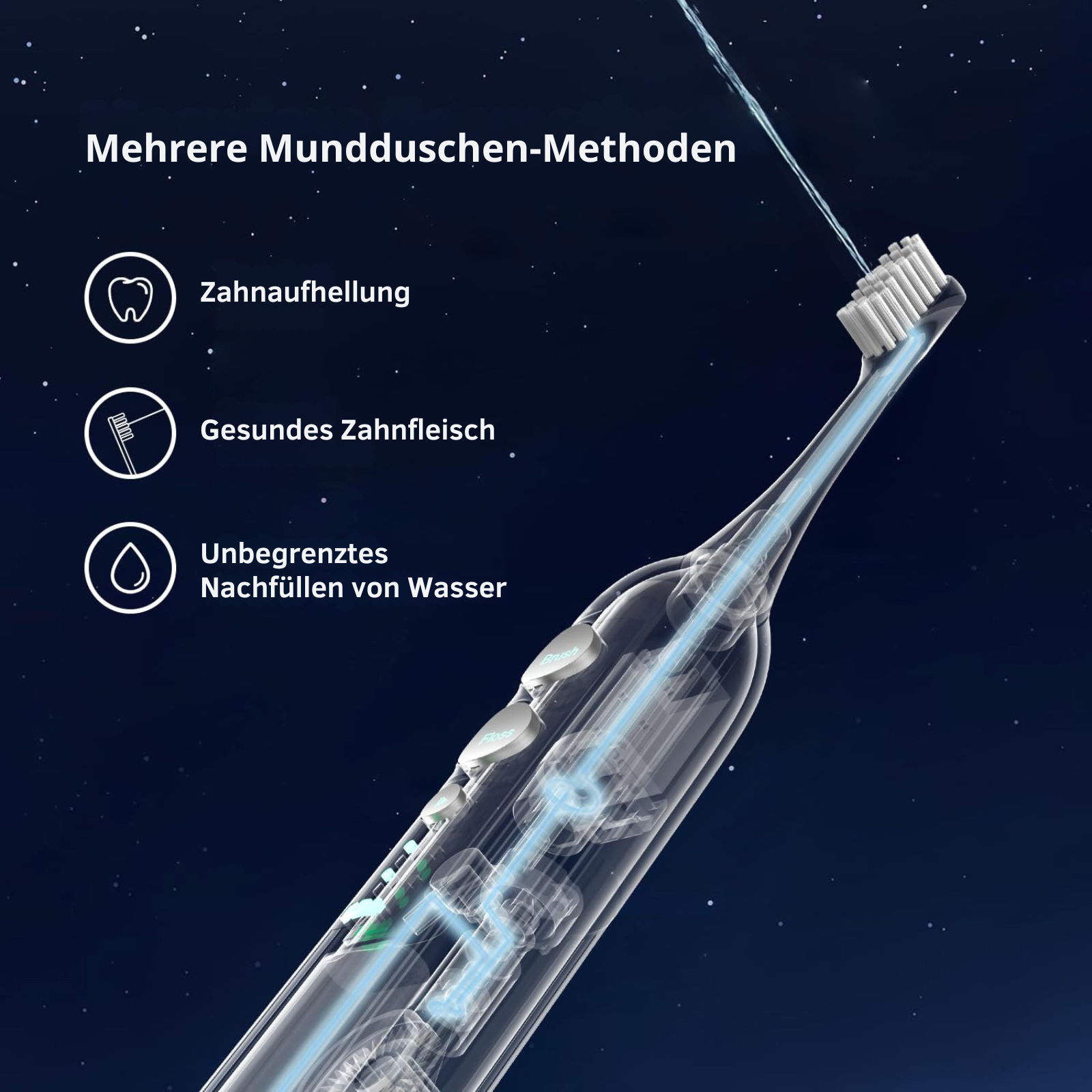 Elektrische Zahnbürste mit Wasserstrahl und drei Funktionen: Zahnaufhellung, gesundes Zahnfleisch, Wasser nachfüllen.