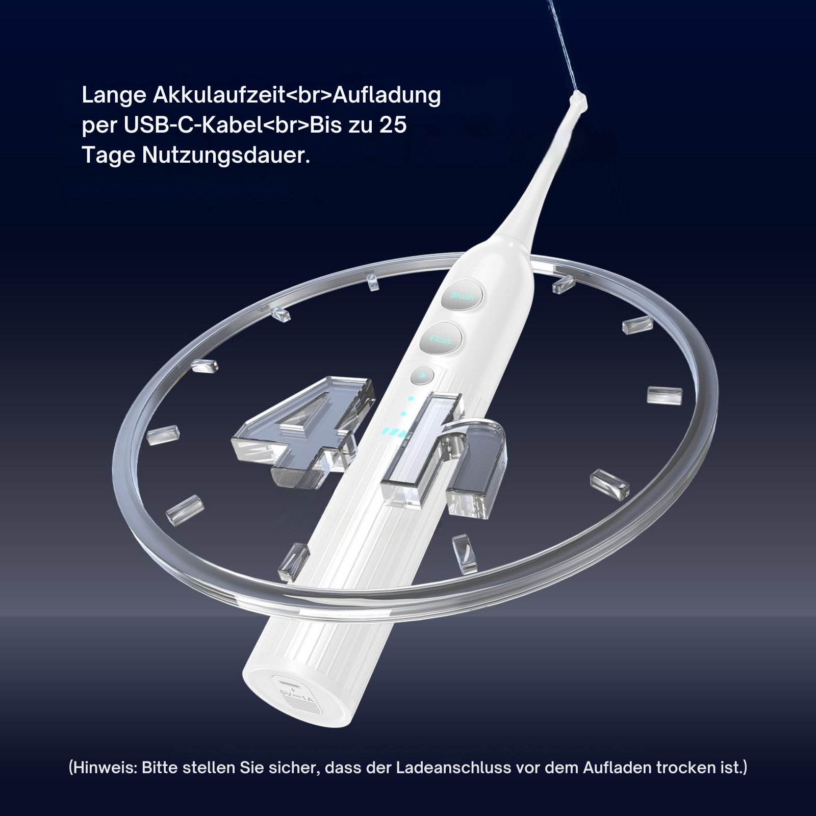 Elektrische Zahnbürste mit langer Akkulaufzeit, lädt per USB-C, hält 25 Tage.