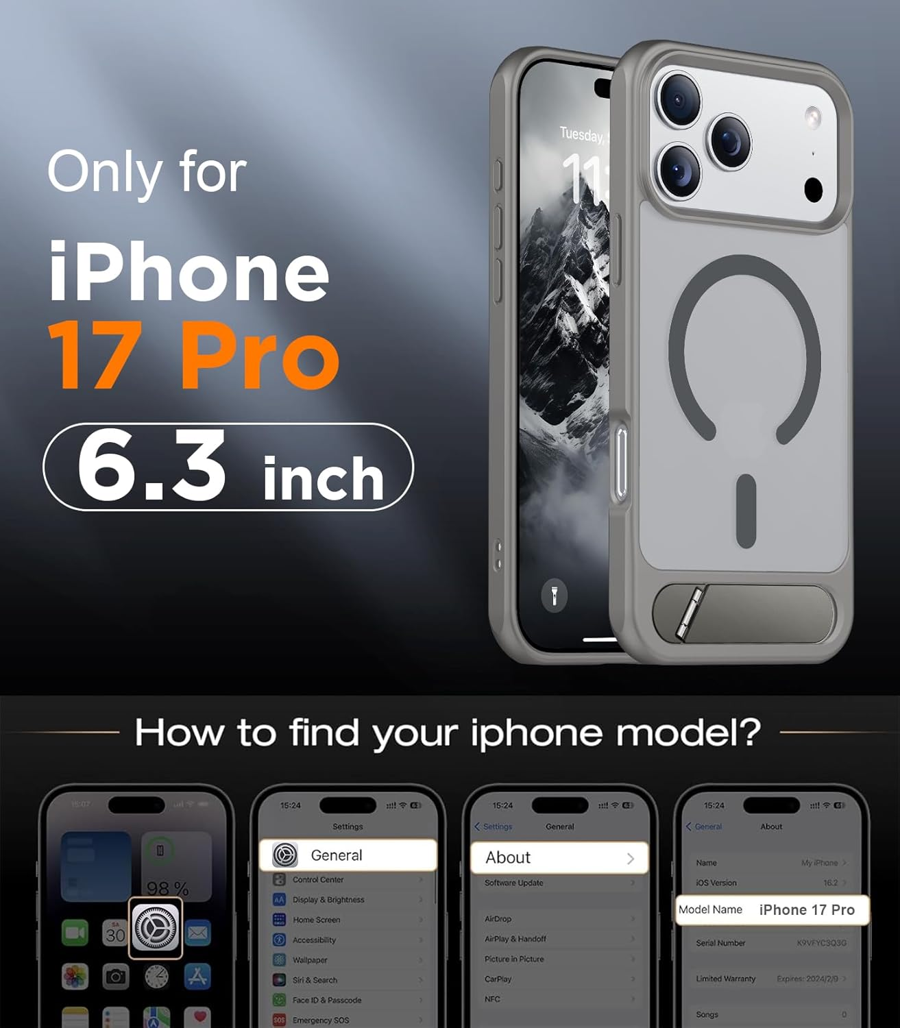 Ein iPhone 17 Pro mit 6,3-Zoll-Display und einer Hülle wird gezeigt.